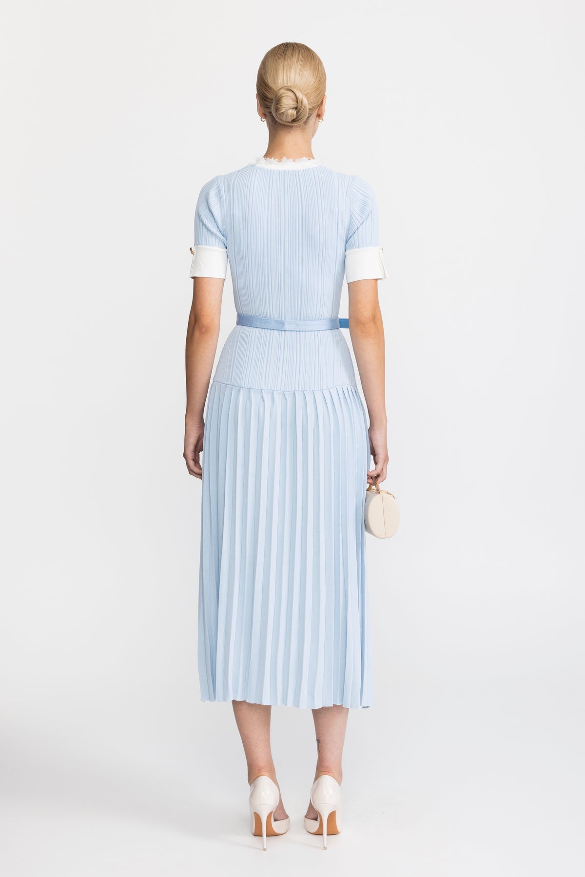 Pleated Knit Ruffle Trim Midi Dress - Light Blue