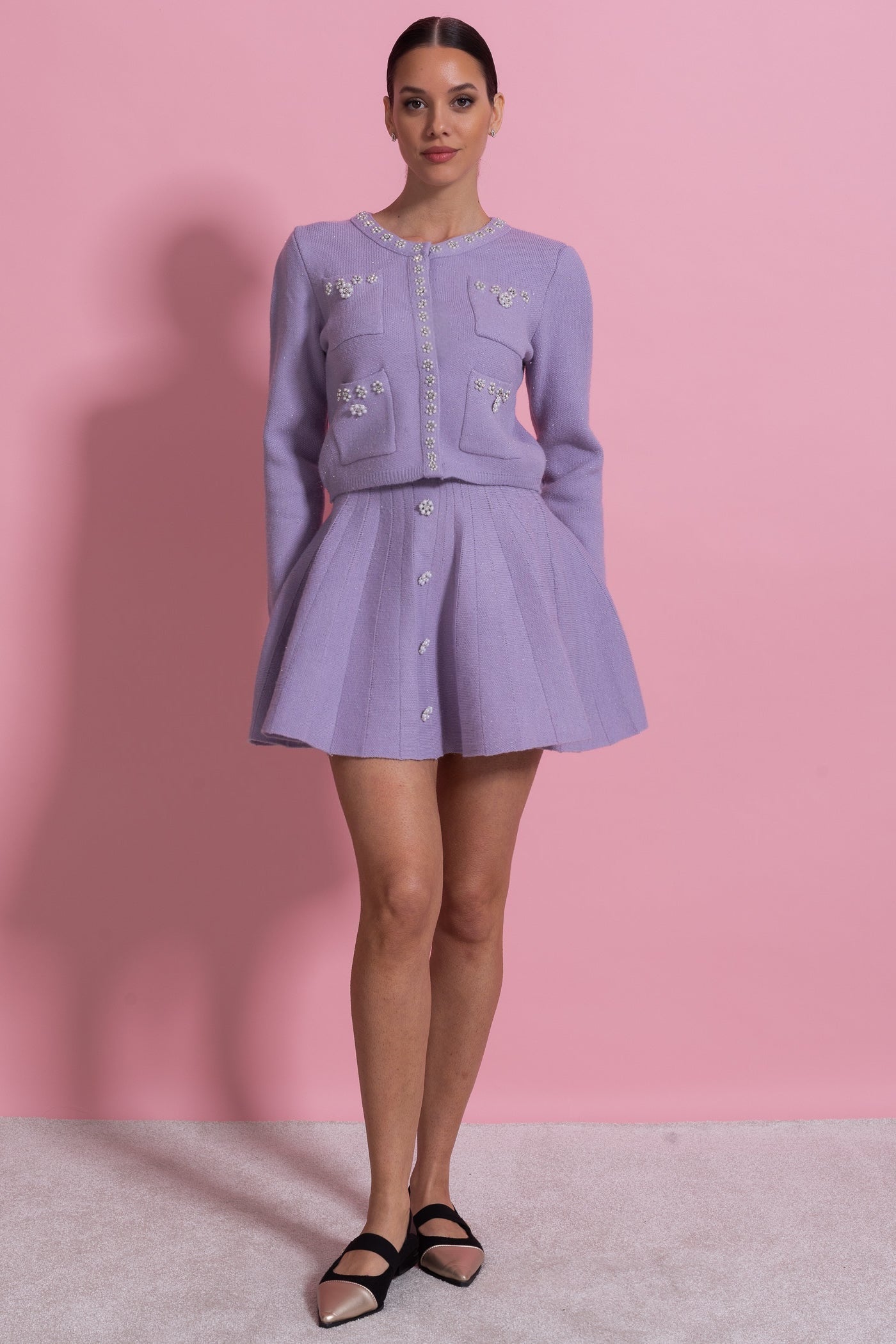 Completo in maglia con cardigan a maniche lunghe e minigonna abbinata - Lilla 