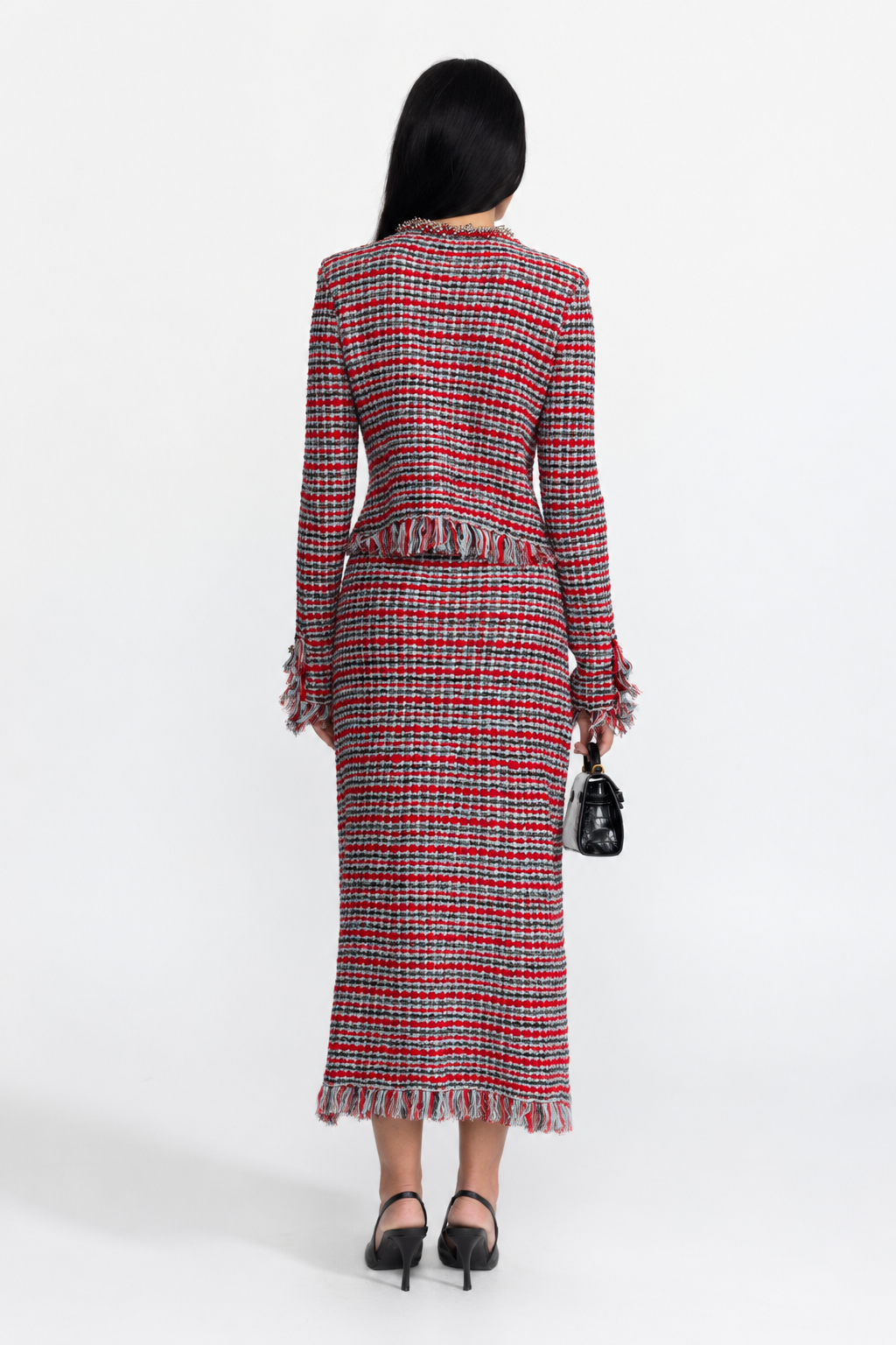 Fringed Tweed Jacket and Midi Skirt Co-ord Set - Red Multi