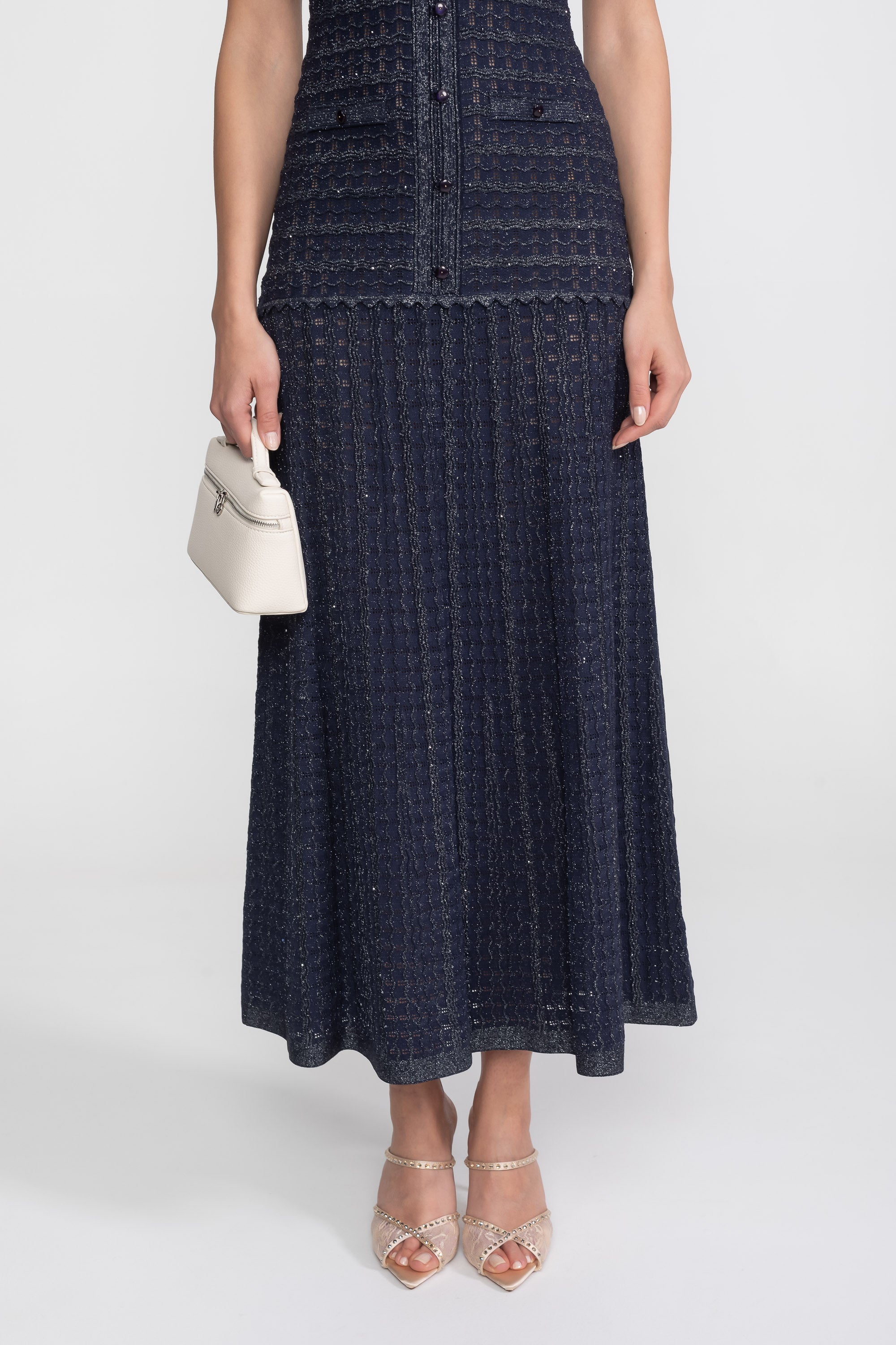 Abito midi a maniche corte con tessuto a maglia scintillante - Navy 