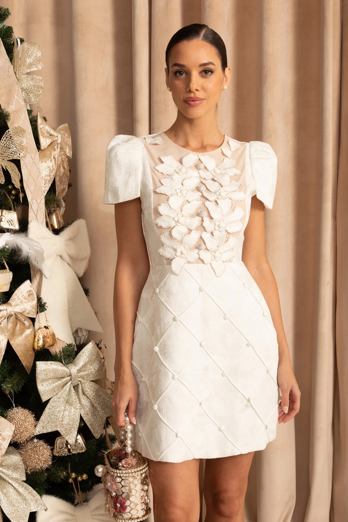 3D Floral Appliqué Mini Dress With Quilted Skirt  – White