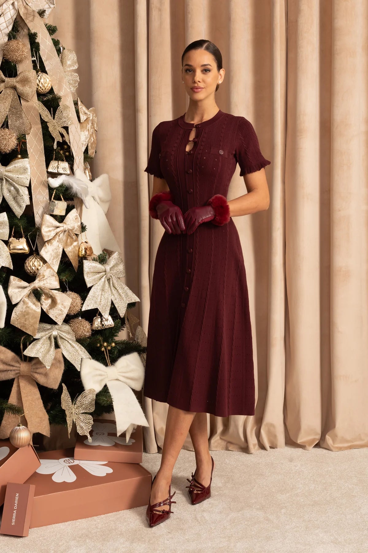 Knit Button-Front Midi Dress with Scalloped Sleeves – Burgundy