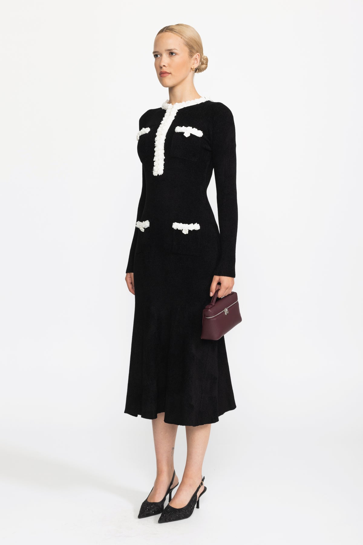 Chenille Knit Midi Dress with Contrast Bobble Trim - Black