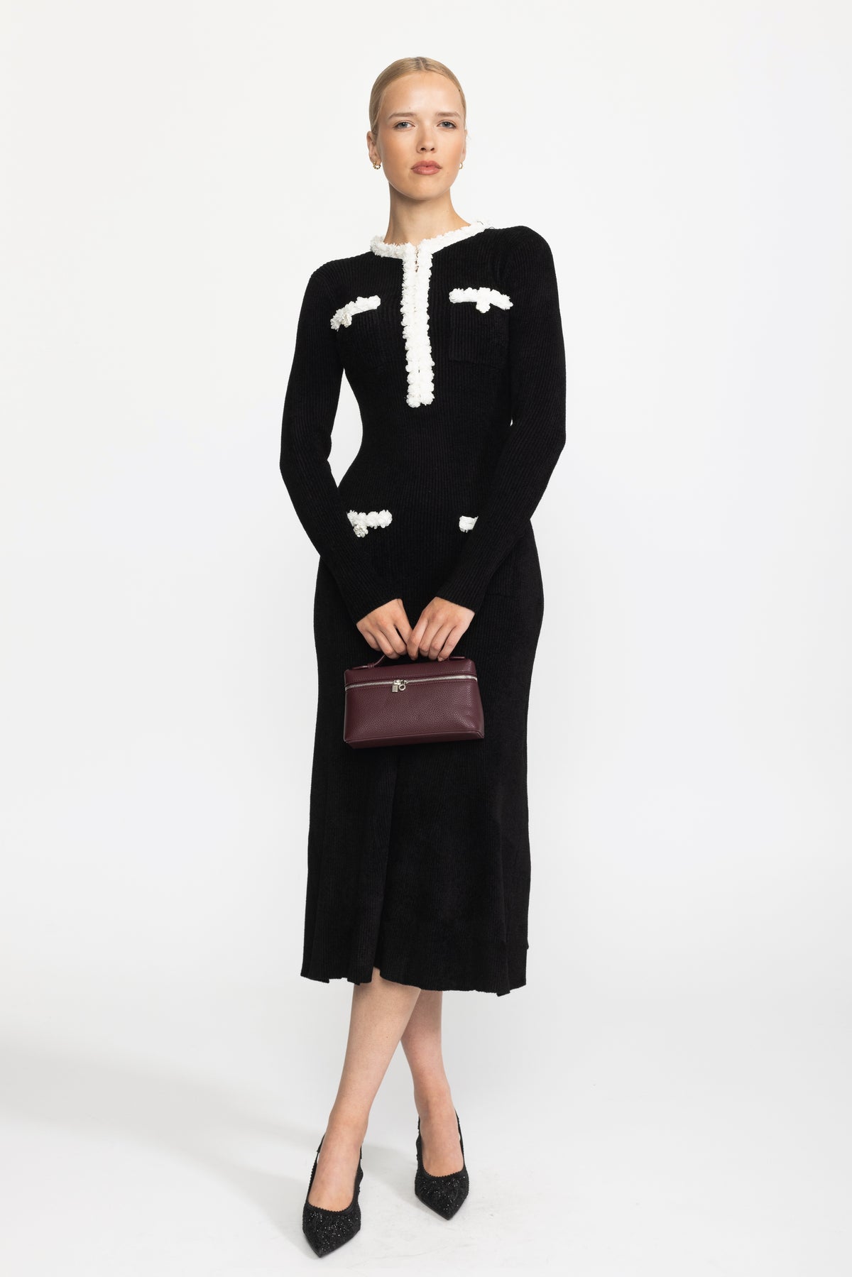 Chenille Knit Midi Dress with Contrast Bobble Trim - Black