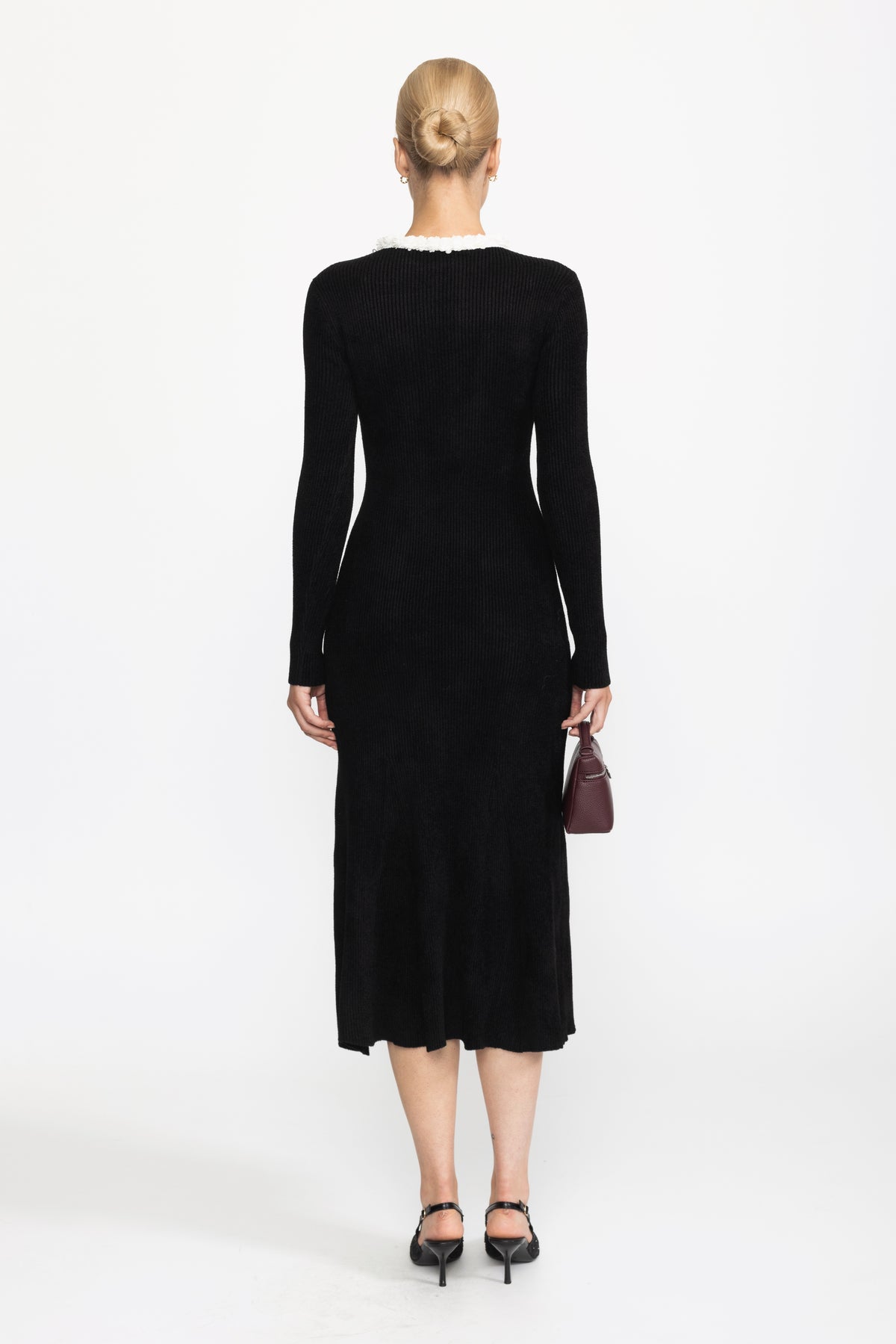 Chenille Knit Midi Dress with Contrast Bobble Trim - Black