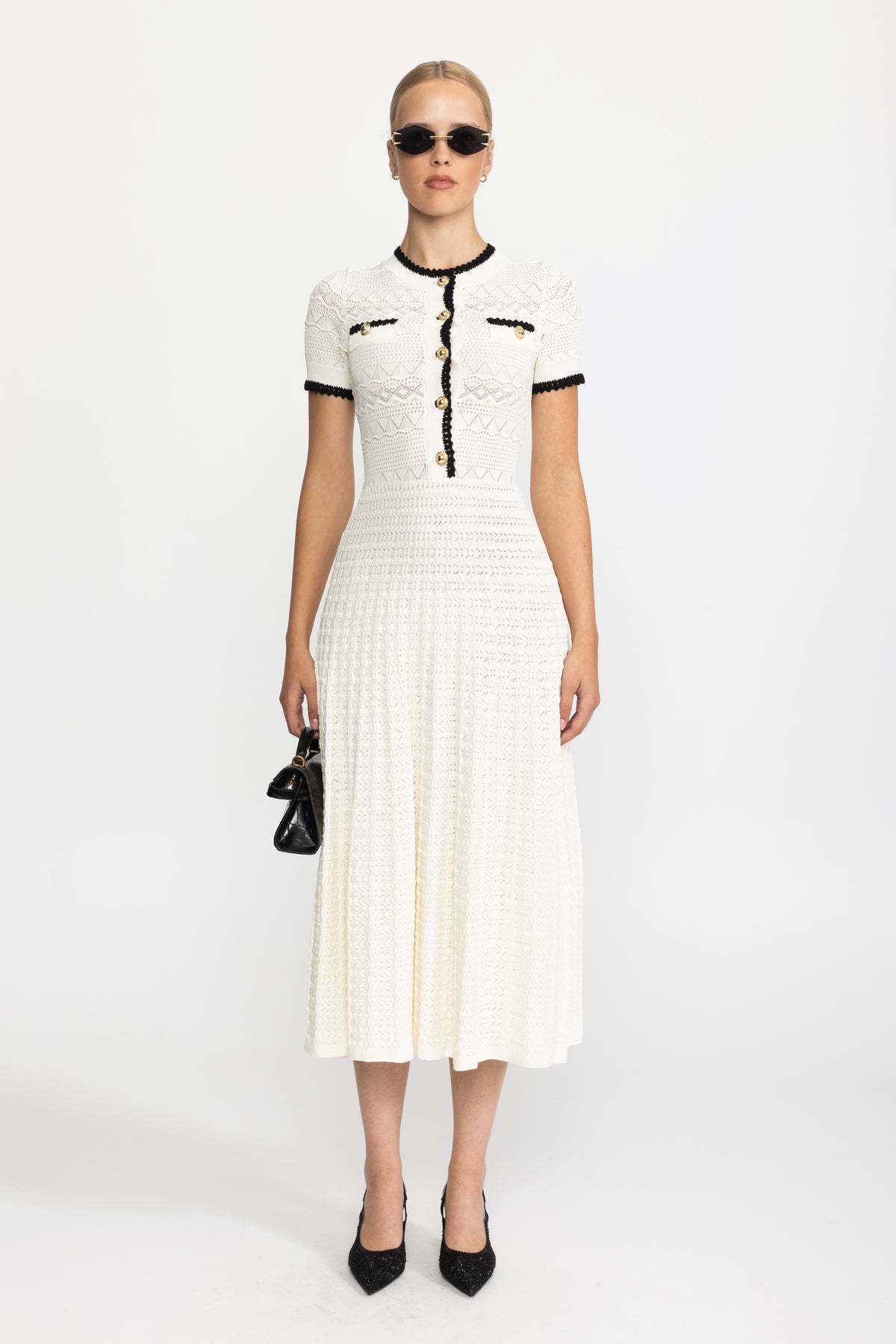 Abito midi in maglia pointelle con cintura - Ivoire 