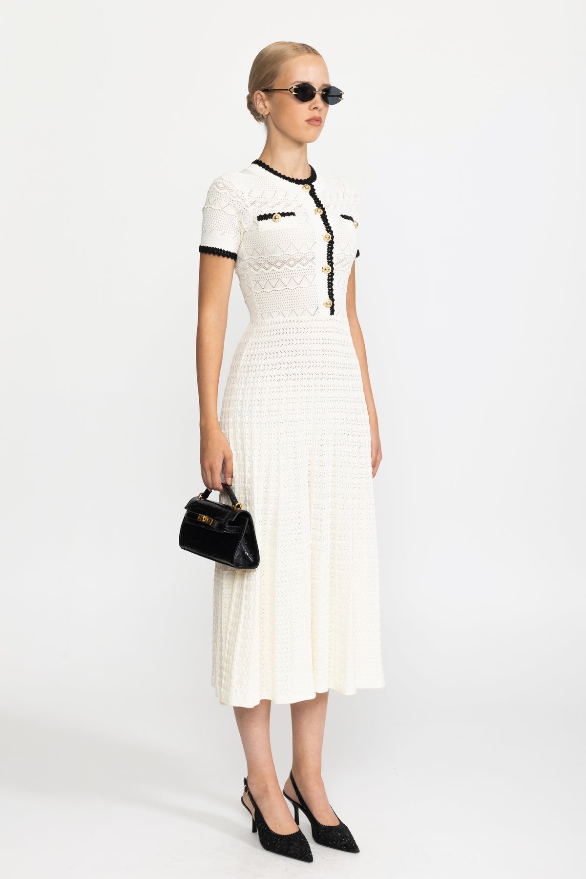 Abito midi in maglia pointelle con cintura - Ivoire 