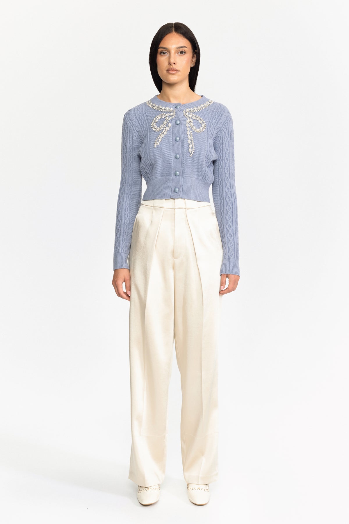 Pearl Bow Embellished Cable Knit Cardigan - Blue