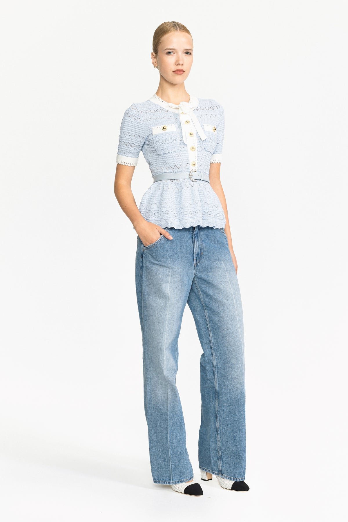 Pointelle Knit Bow Peplum Top - Light Blue