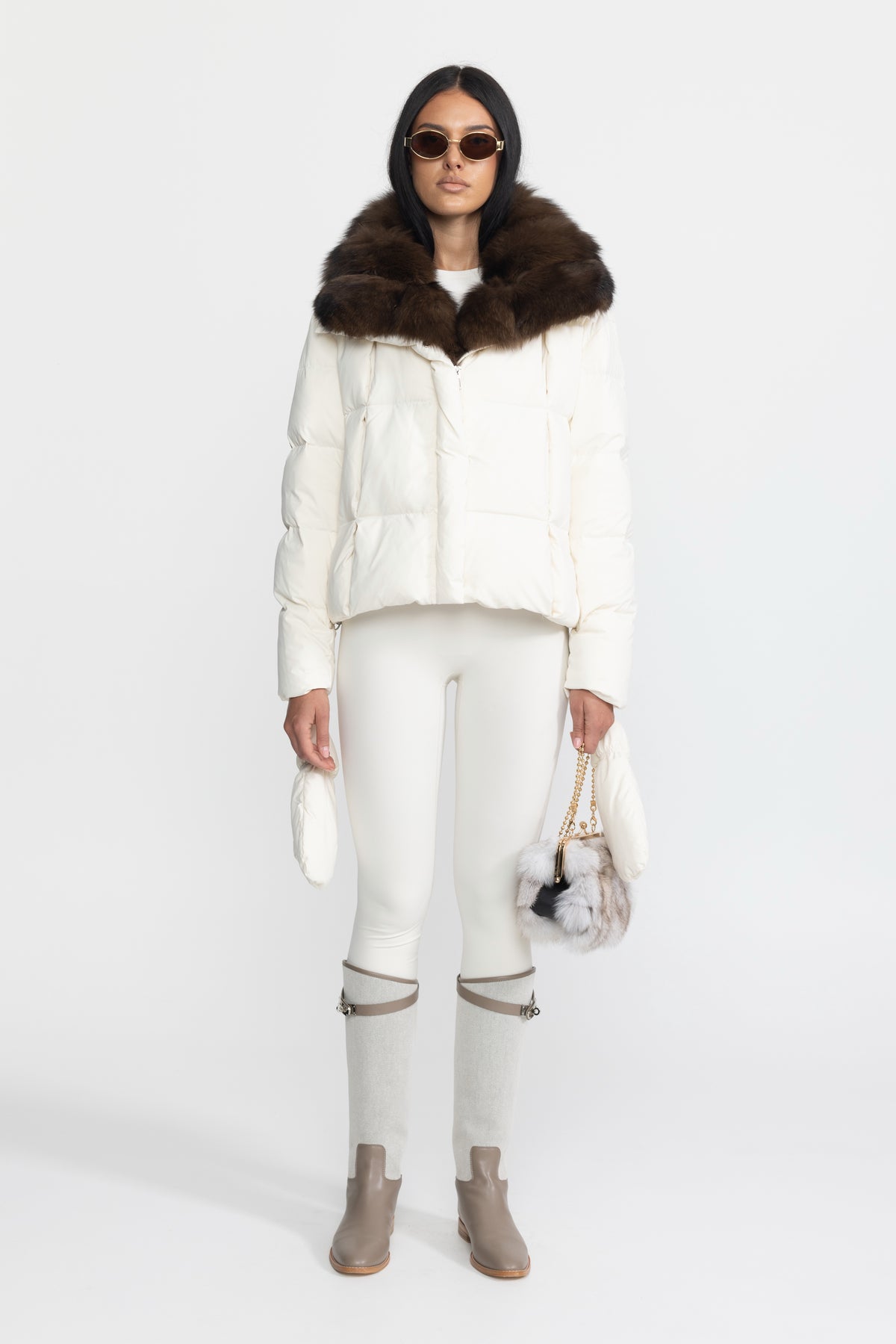Fox Fur Collar Cropped Down Puffer Jacket - Ivoire