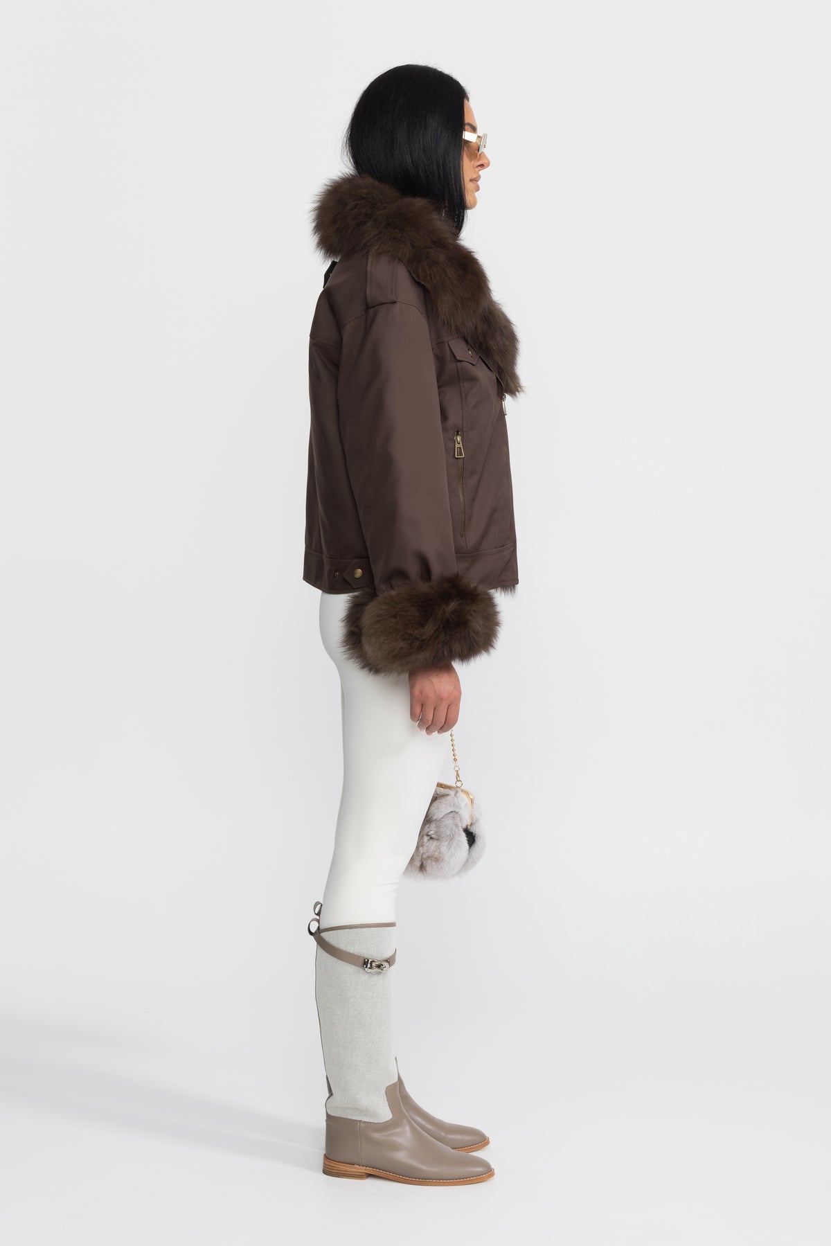 Fox Fur Collar and Cuff Down Utility Jacket - Chocolate