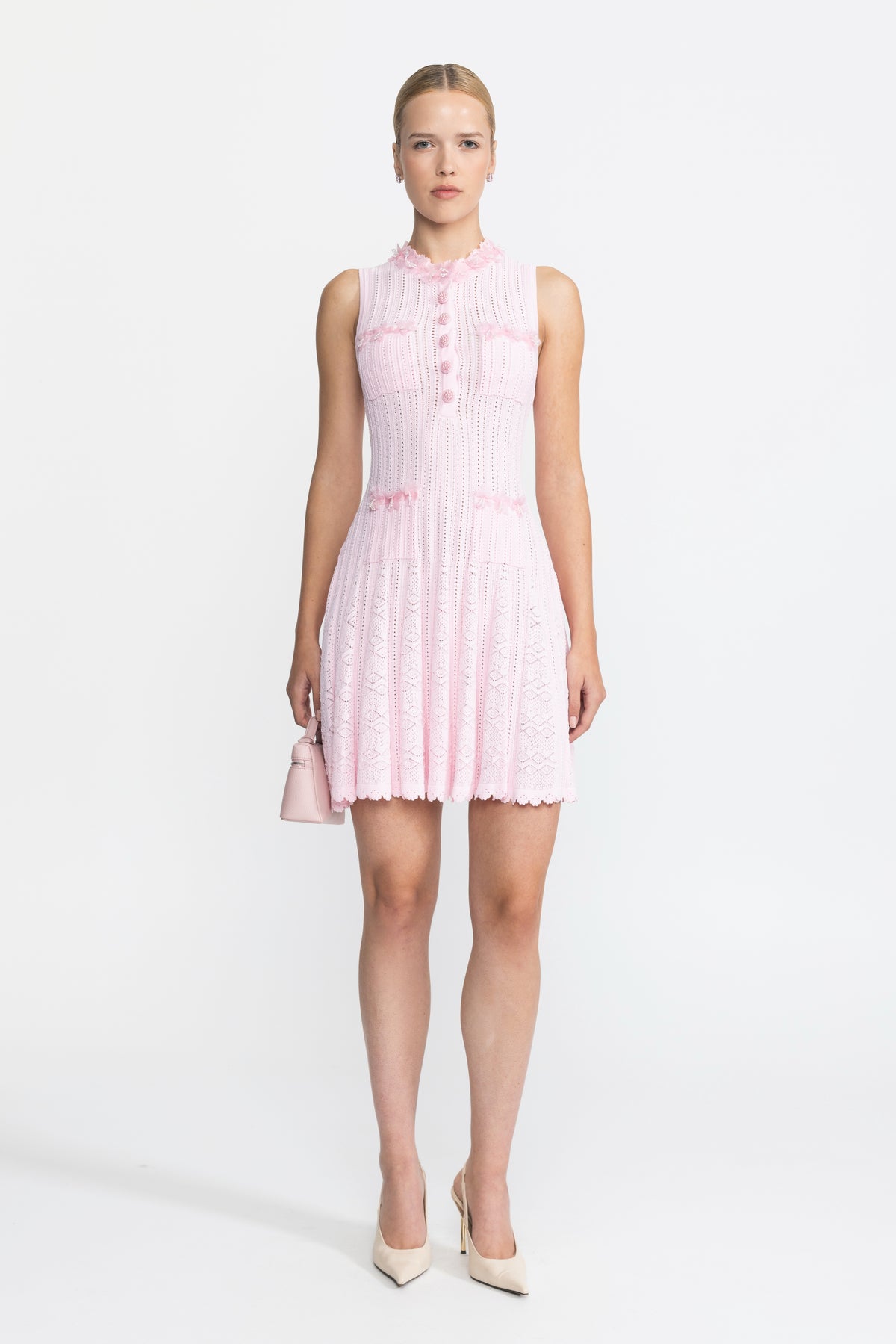 Organza Flower Trim Pointelle Knit Mini Dress - Pink