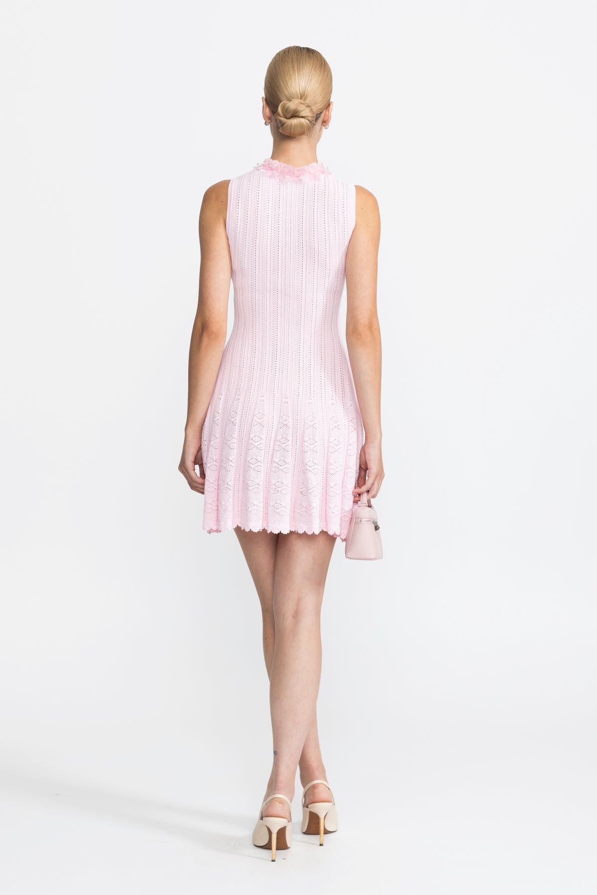 Organza Flower Trim Pointelle Knit Mini Dress - Pink