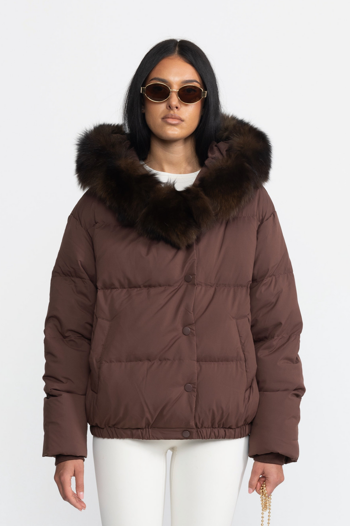 Fox Fur Hood Cropped Down Puffer Jacket - Chocolate
