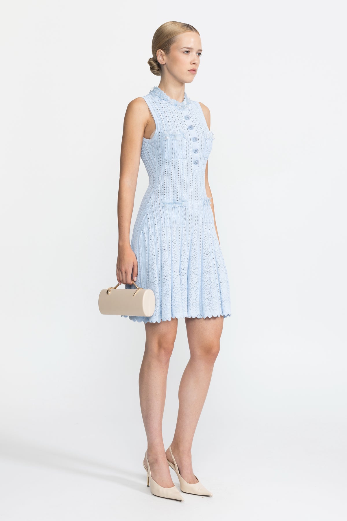 Organza Flower Trim Pointelle Knit Mini Dress - Light Blue