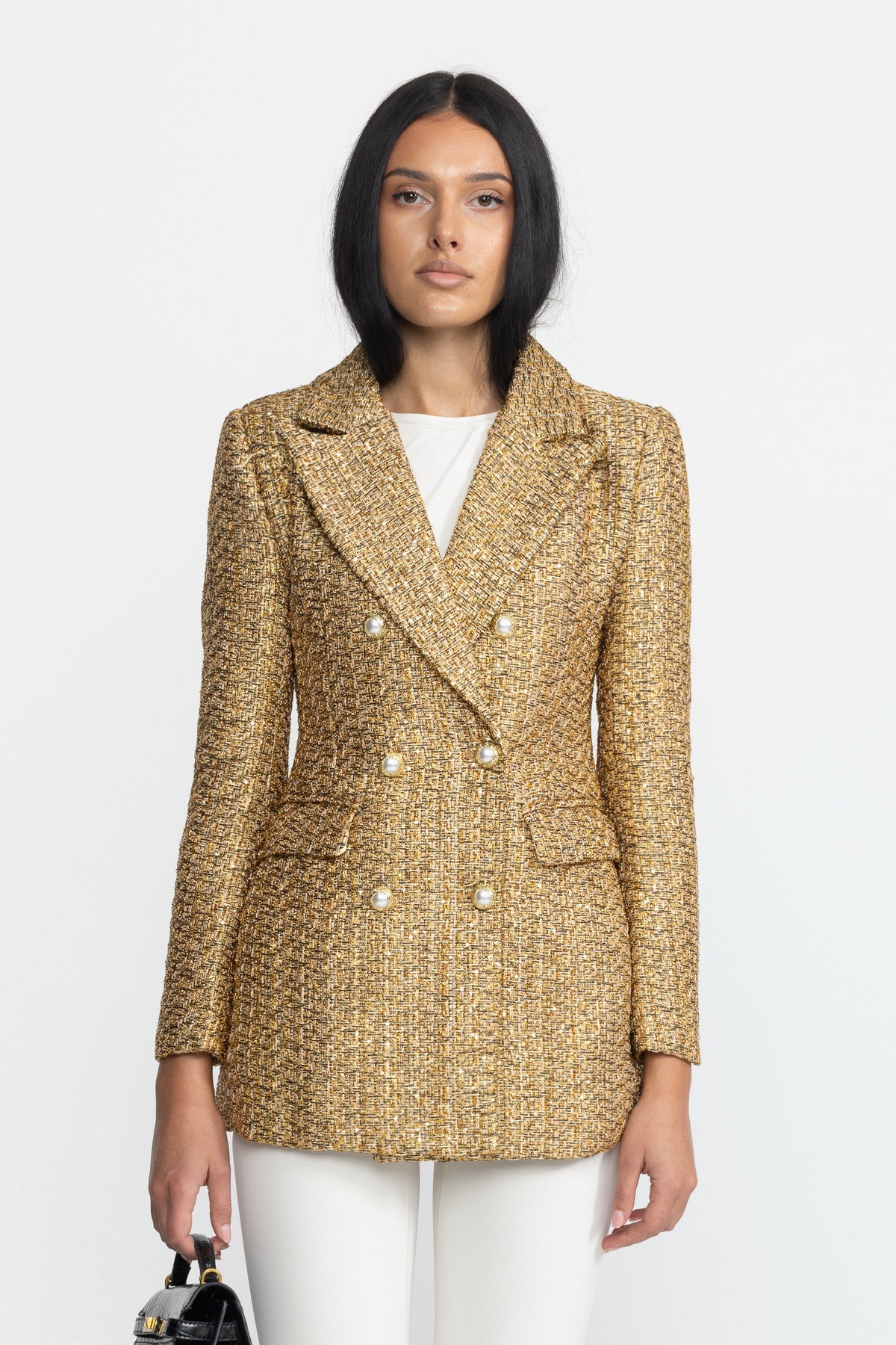 Blazer doppiopetto in tweed metallizzato con bottoni gioiello effetto perla - Oro 