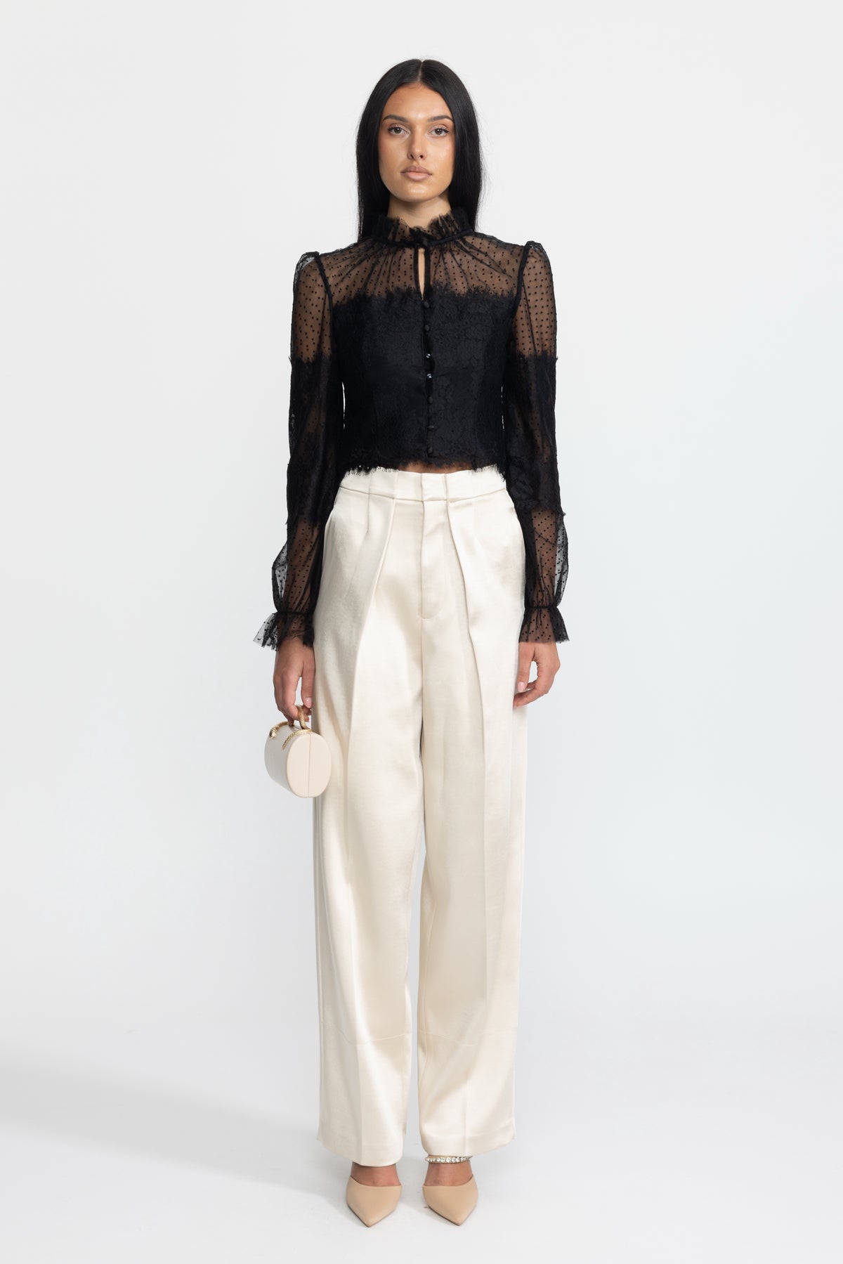 Ruffle Neck Lace and Dot Mesh Cropped Blouse - Black