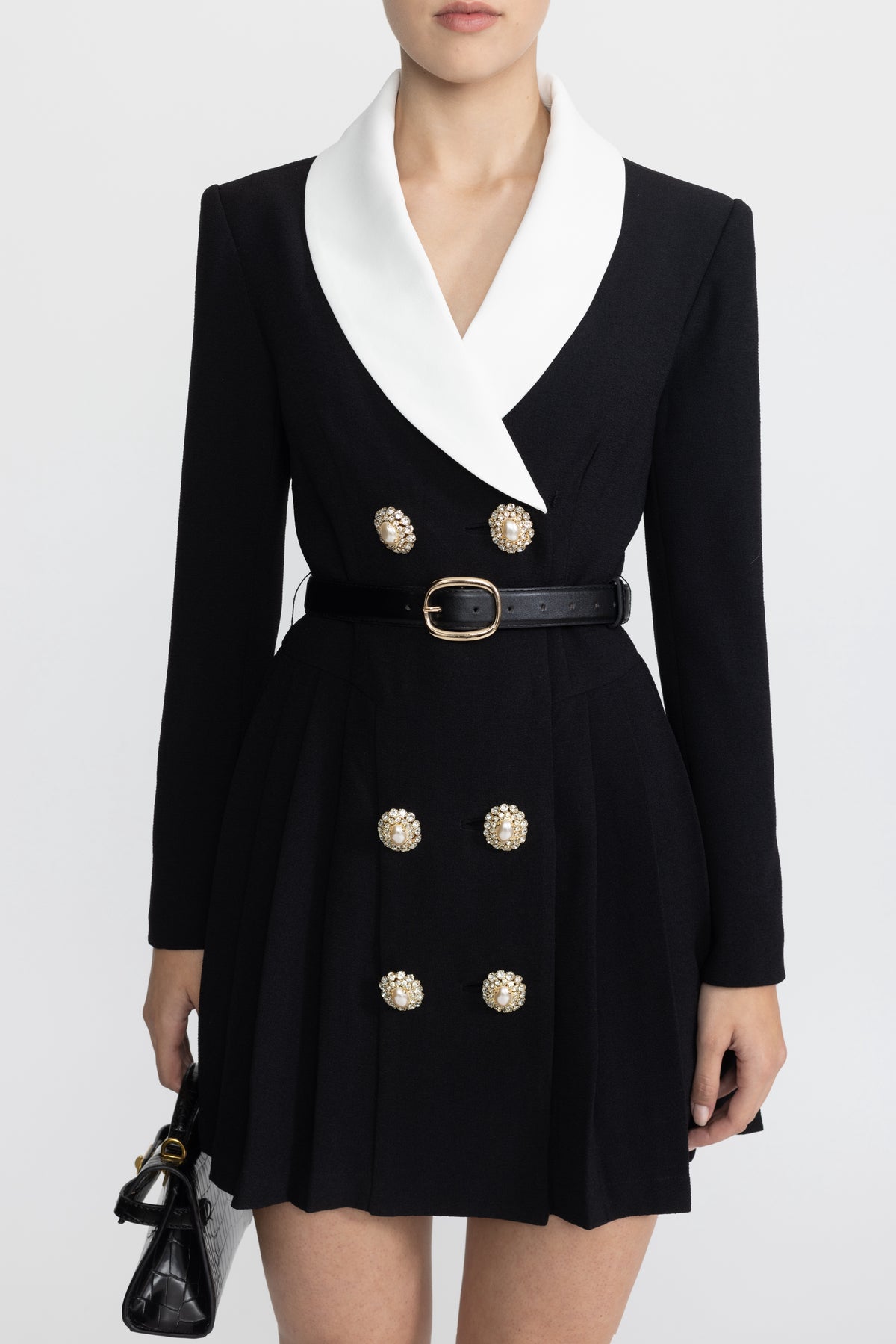 Contrast Lapel Belted Pleated Blazer Mini Dress - Black