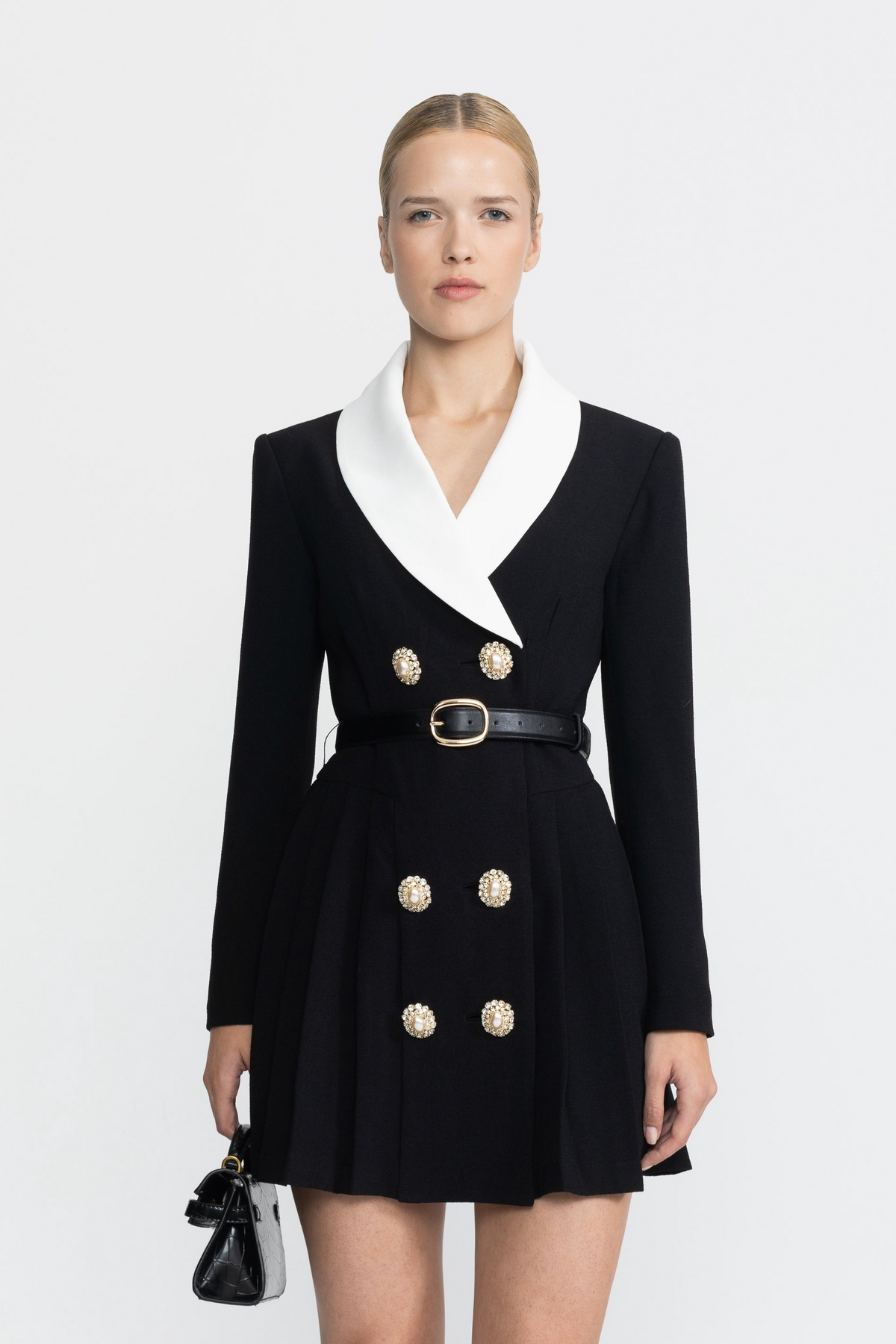 Contrast Lapel Belted Pleated Blazer Mini Dress - Black