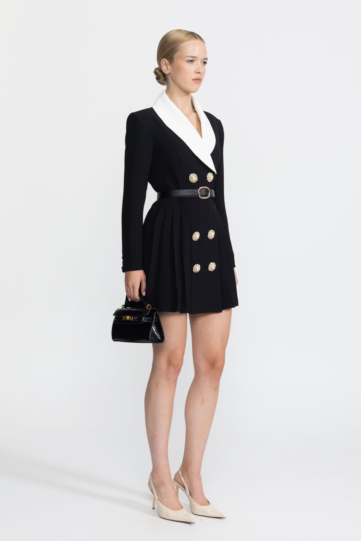 Contrast Lapel Belted Pleated Blazer Mini Dress - Black