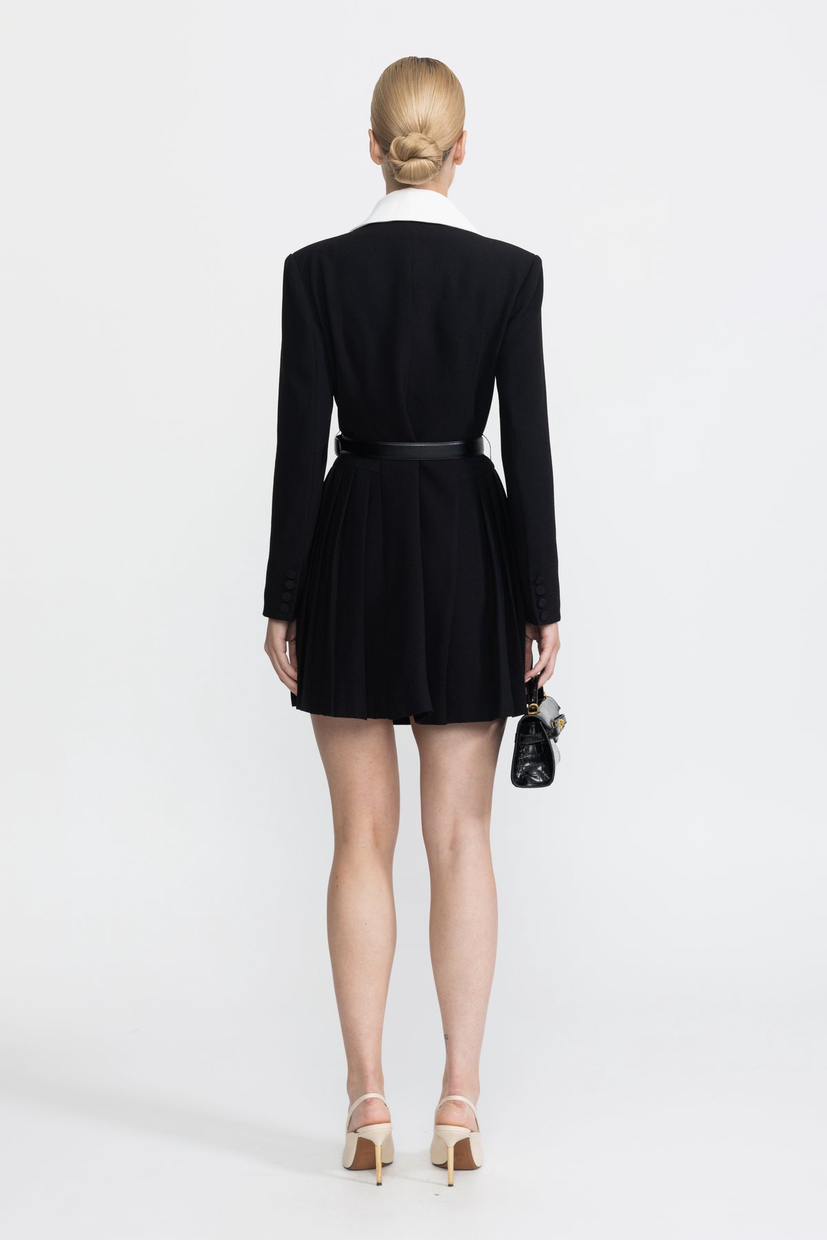 Contrast Lapel Belted Pleated Blazer Mini Dress - Black