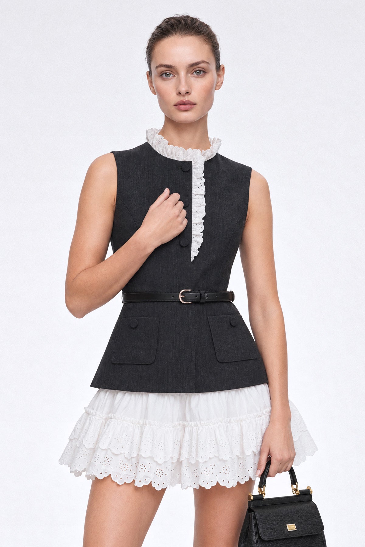 Vest Mini Dress with Eyelet Skirt - Charcoal