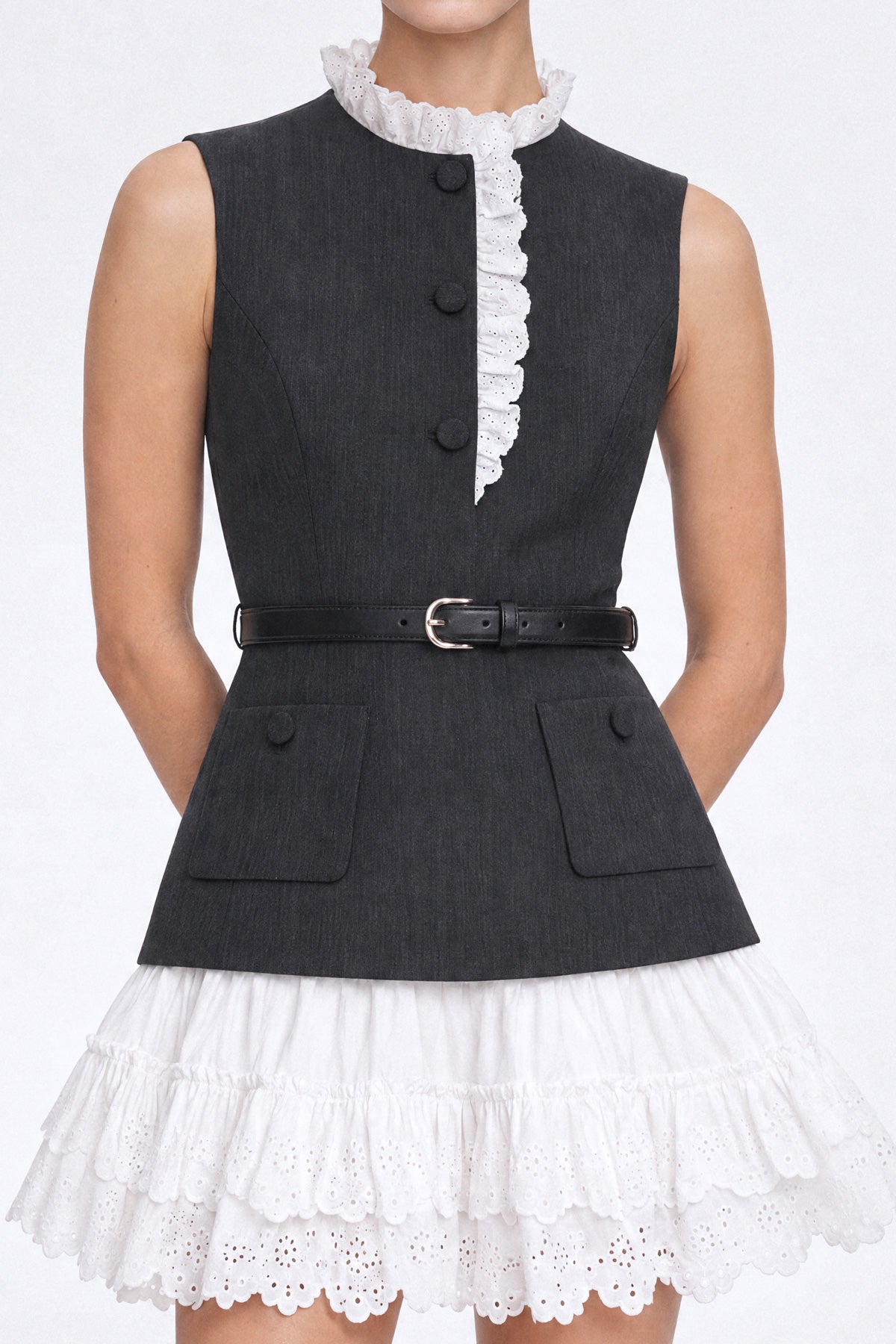 Vest Mini Dress with Eyelet Skirt - Charcoal
