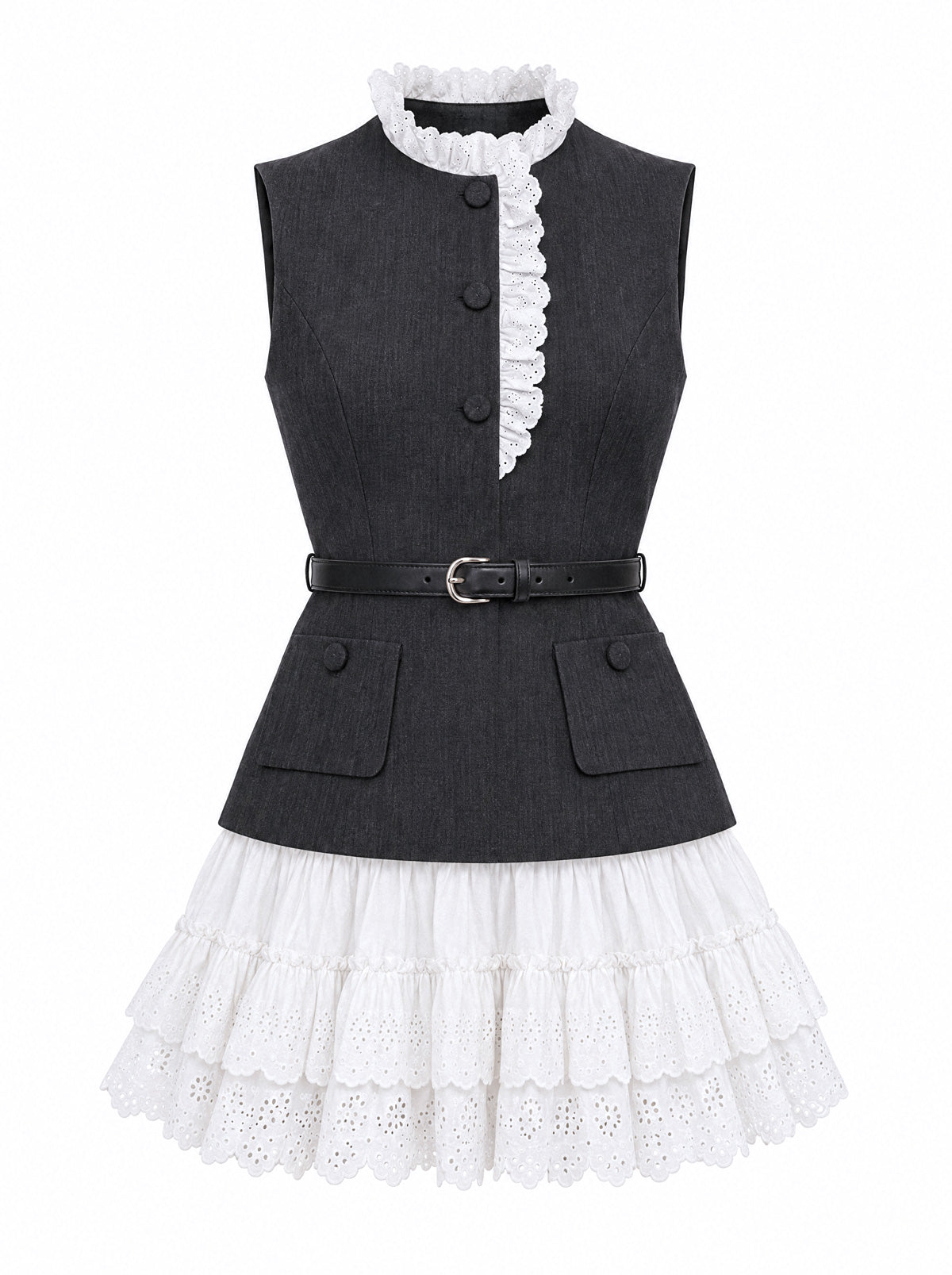 Vest Mini Dress with Eyelet Skirt - Charcoal