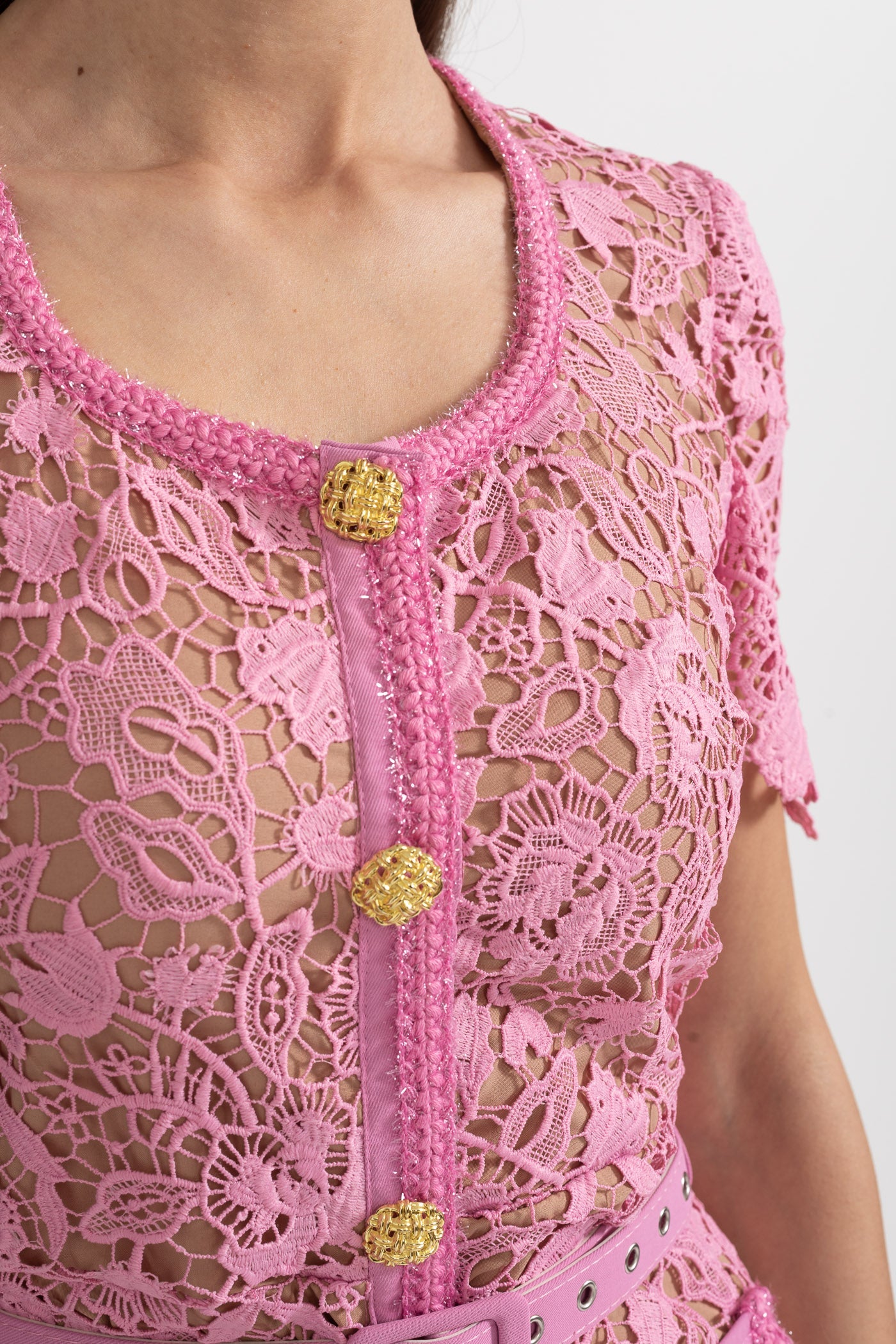 Exquisite Short Sleeve Lace Midi Dress - Rose