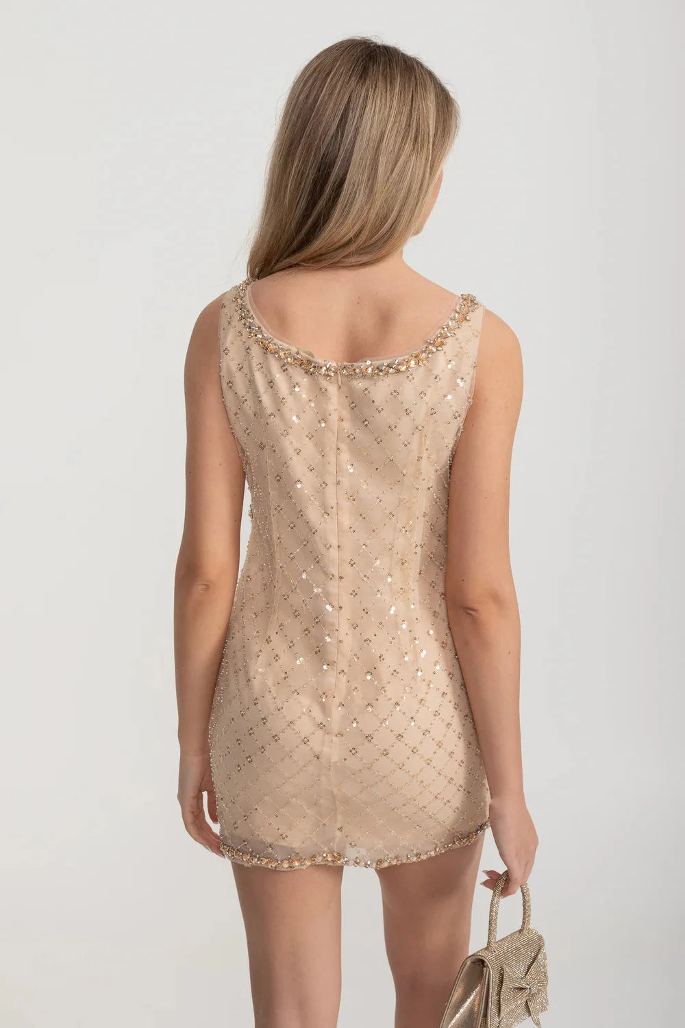 Abito mini aderente con motivo a diamante e decorazioni di paillettes - oro 