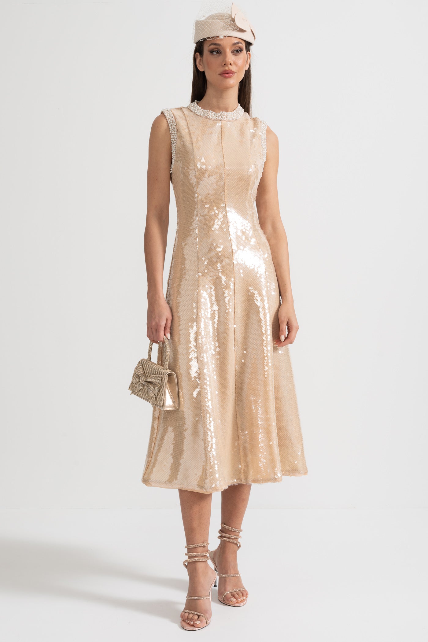Elegant Sequin Dress With White Pearl Embellishments - Beige