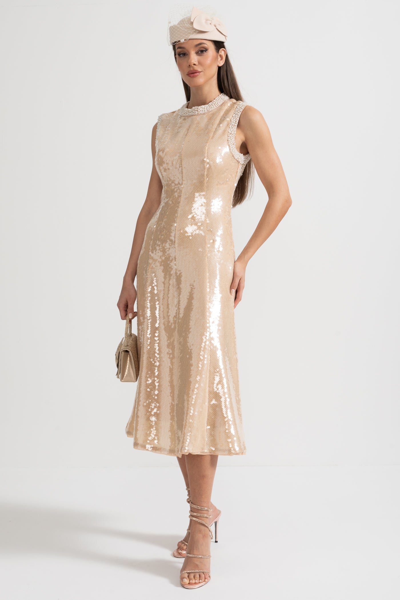 Elegant Sequin Dress With White Pearl Embellishments - Beige