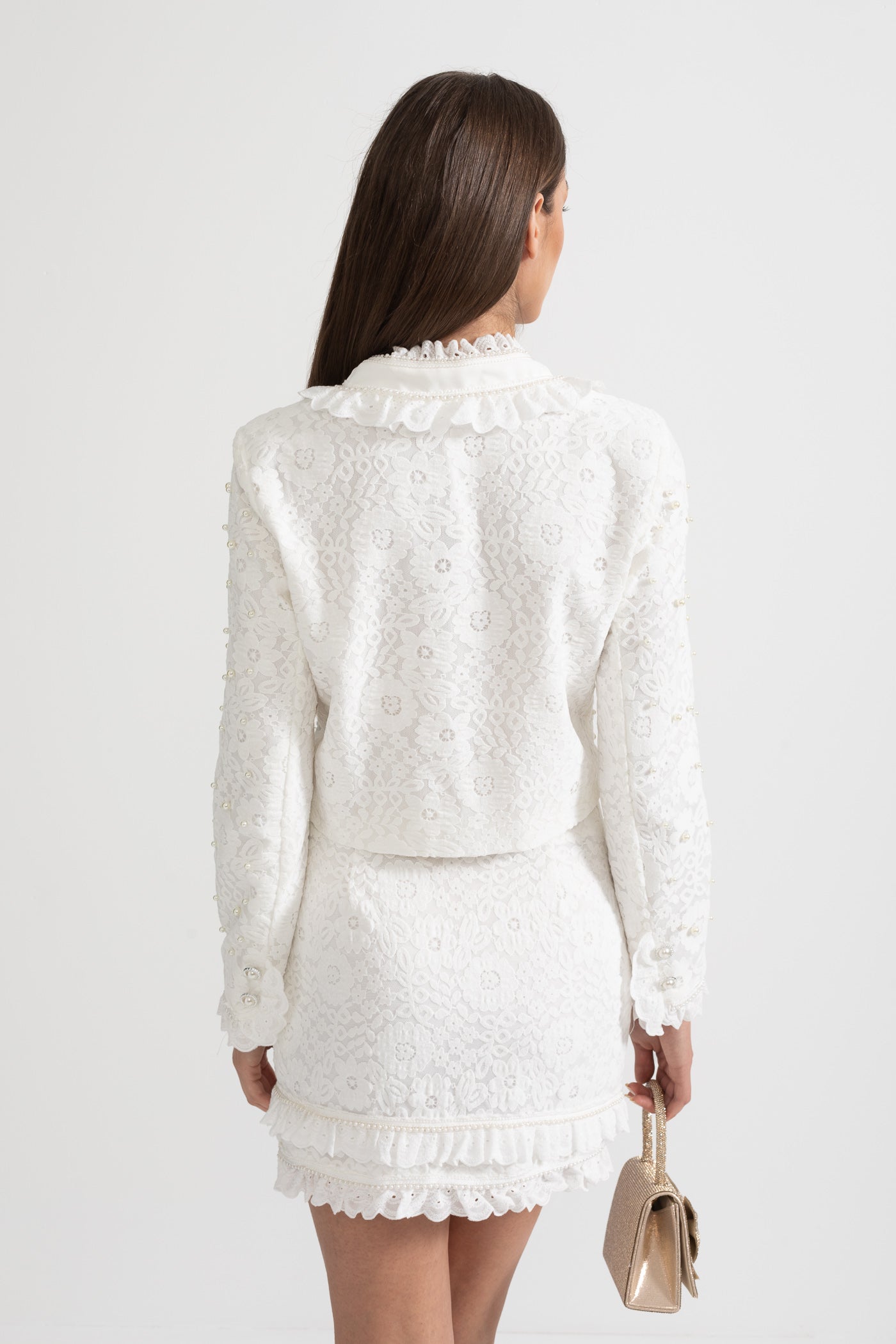 Elegante completo a due pezzi con squisite decorazioni di perle - Bianco 