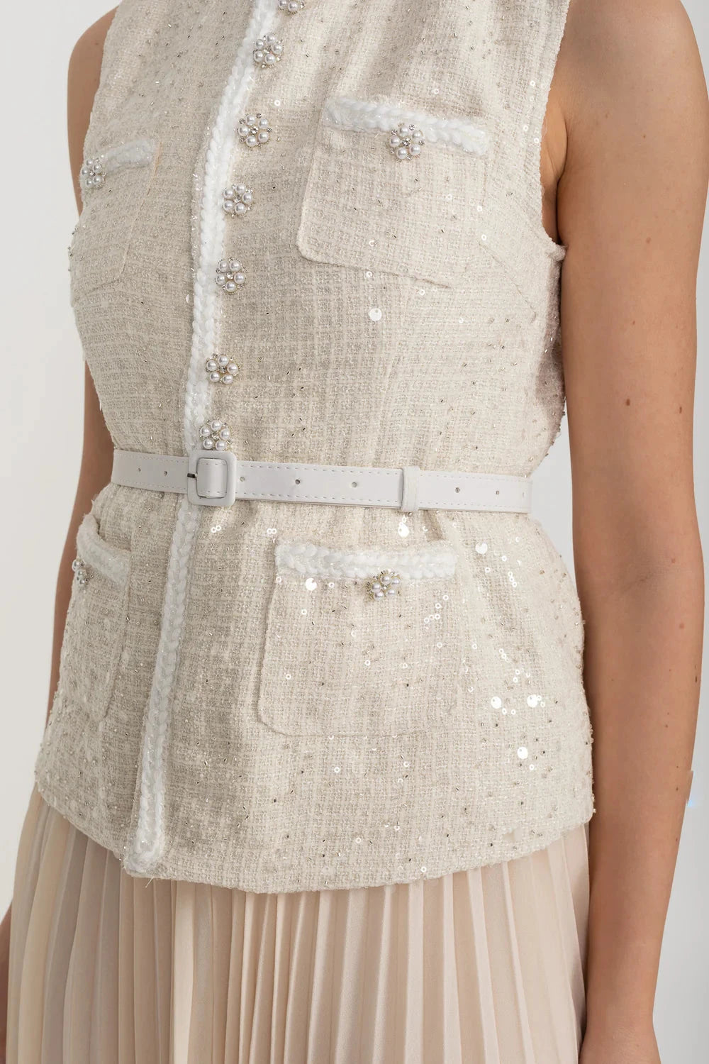 Coordinato testurizzato con tasche frontali e gonna plissettata trasparente - Avorio 