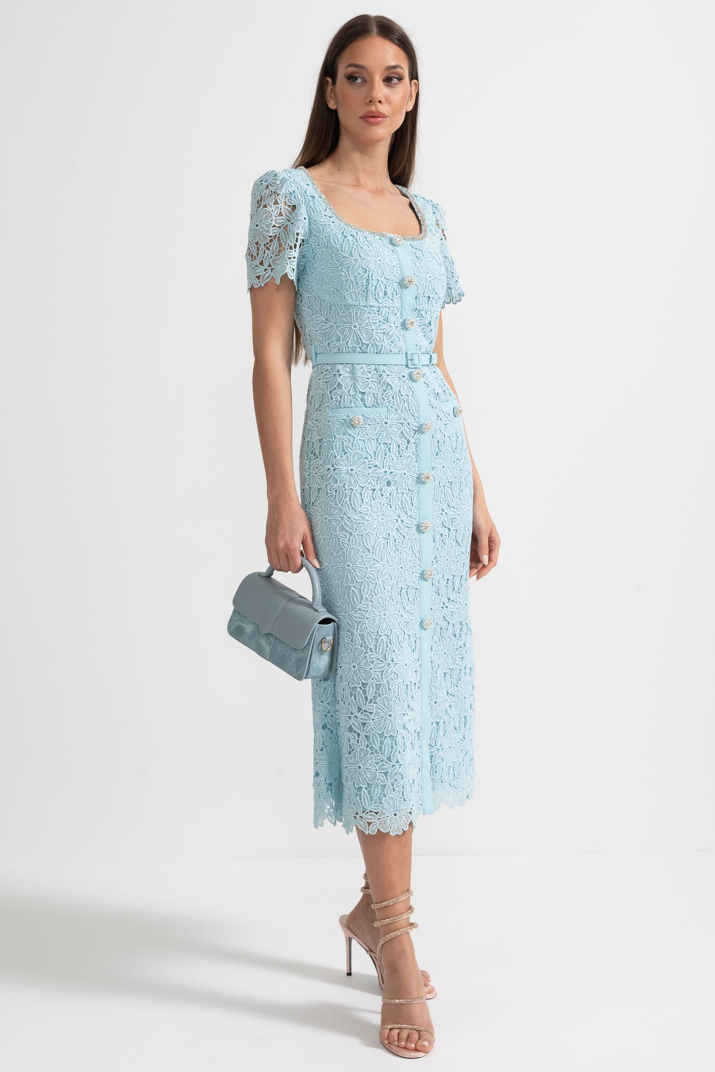 Delicate Azure Lace Midi Dress - Baby Blue