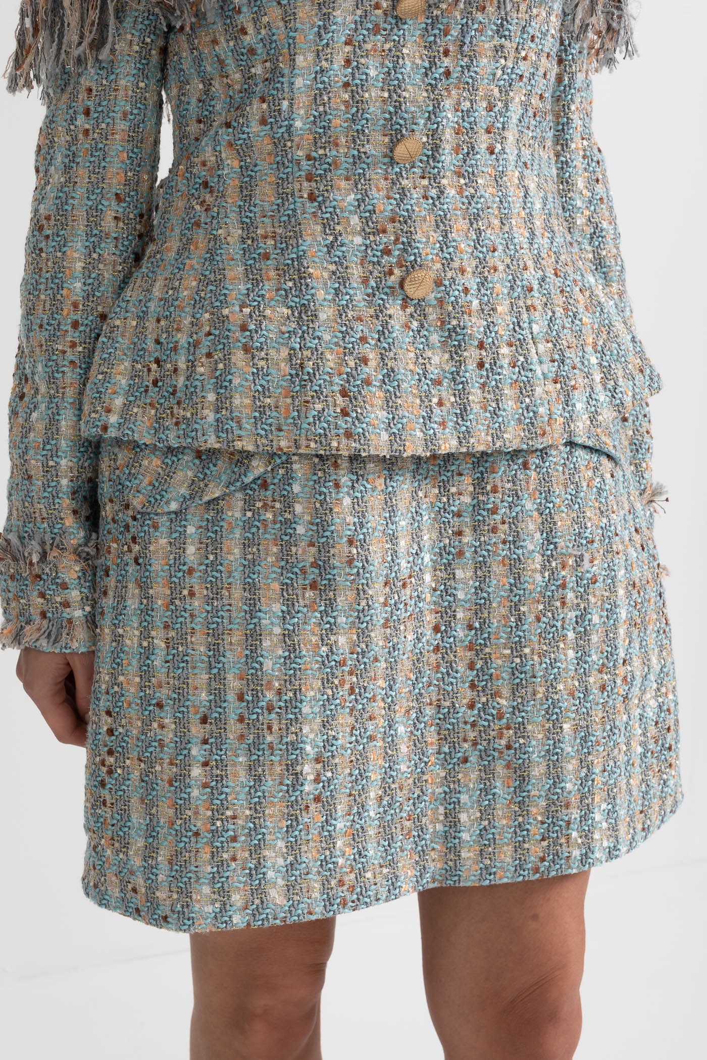 Completo in Tweed a Quadri con Top Scoperto e Minigonna Coordinata - Blue 