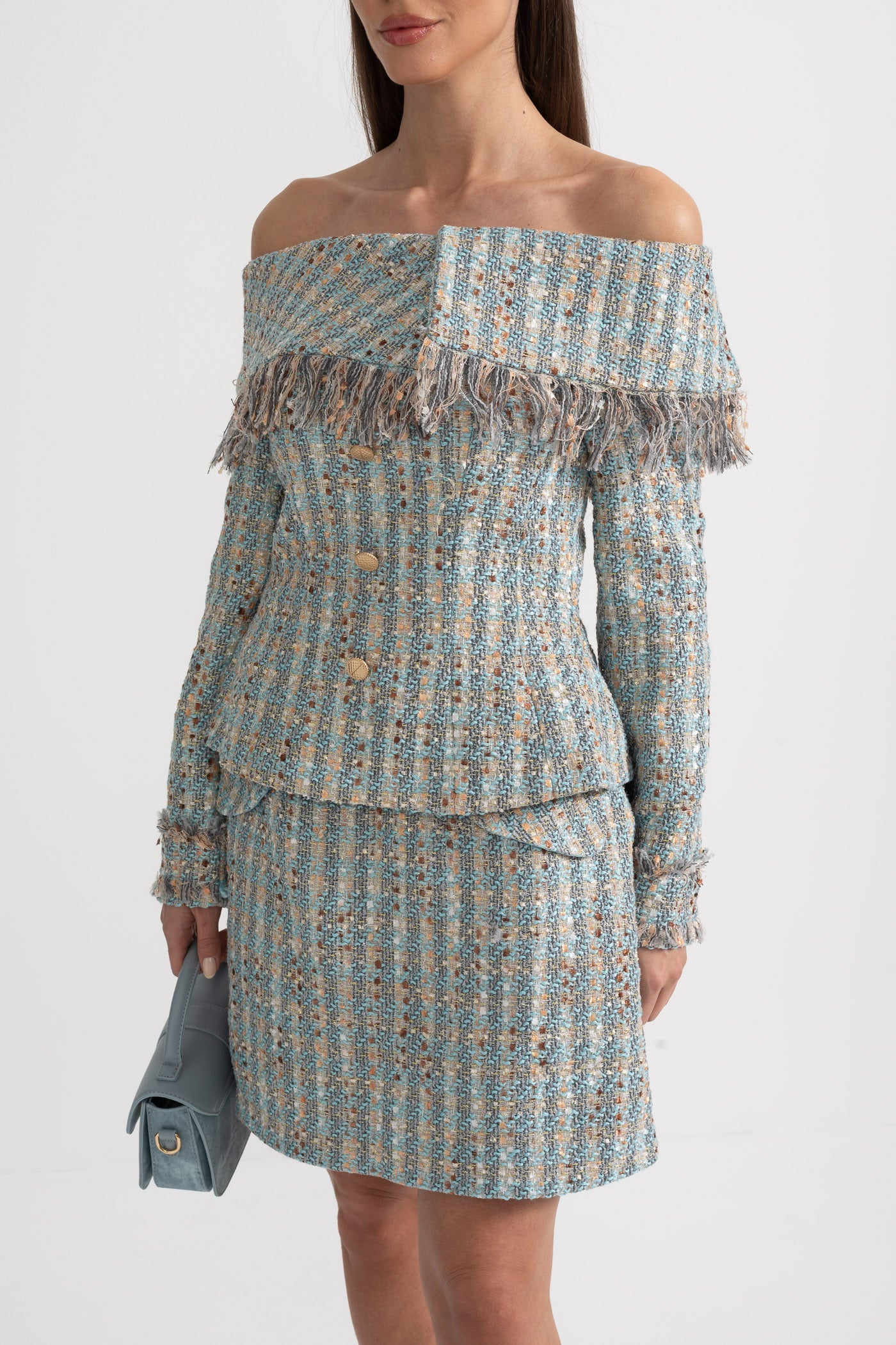 Completo in Tweed a Quadri con Top Scoperto e Minigonna Coordinata - Blue 