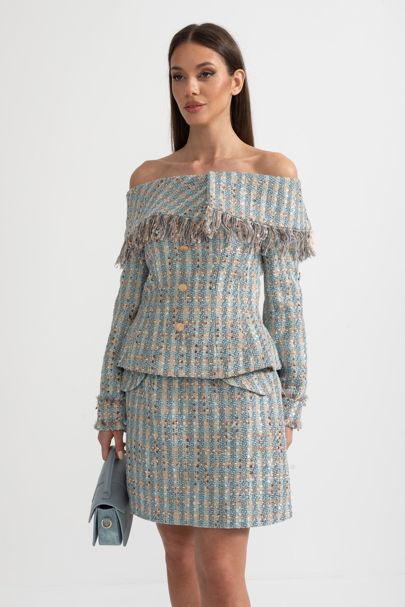 Completo in Tweed a Quadri con Top Scoperto e Minigonna Coordinata - Blue 