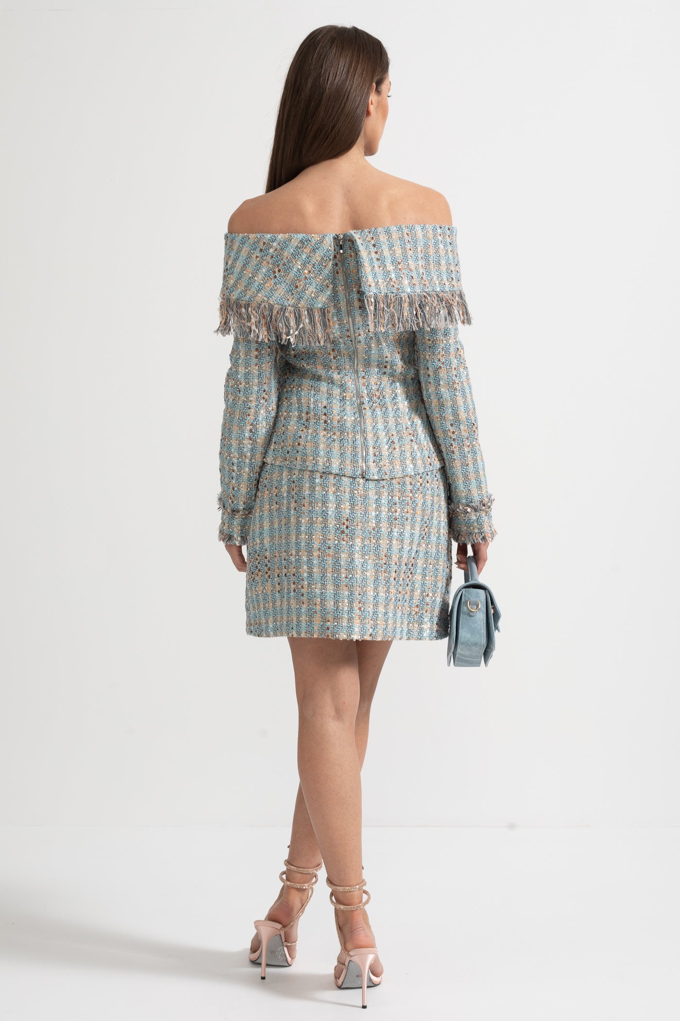 Completo in Tweed a Quadri con Top Scoperto e Minigonna Coordinata - Blue 