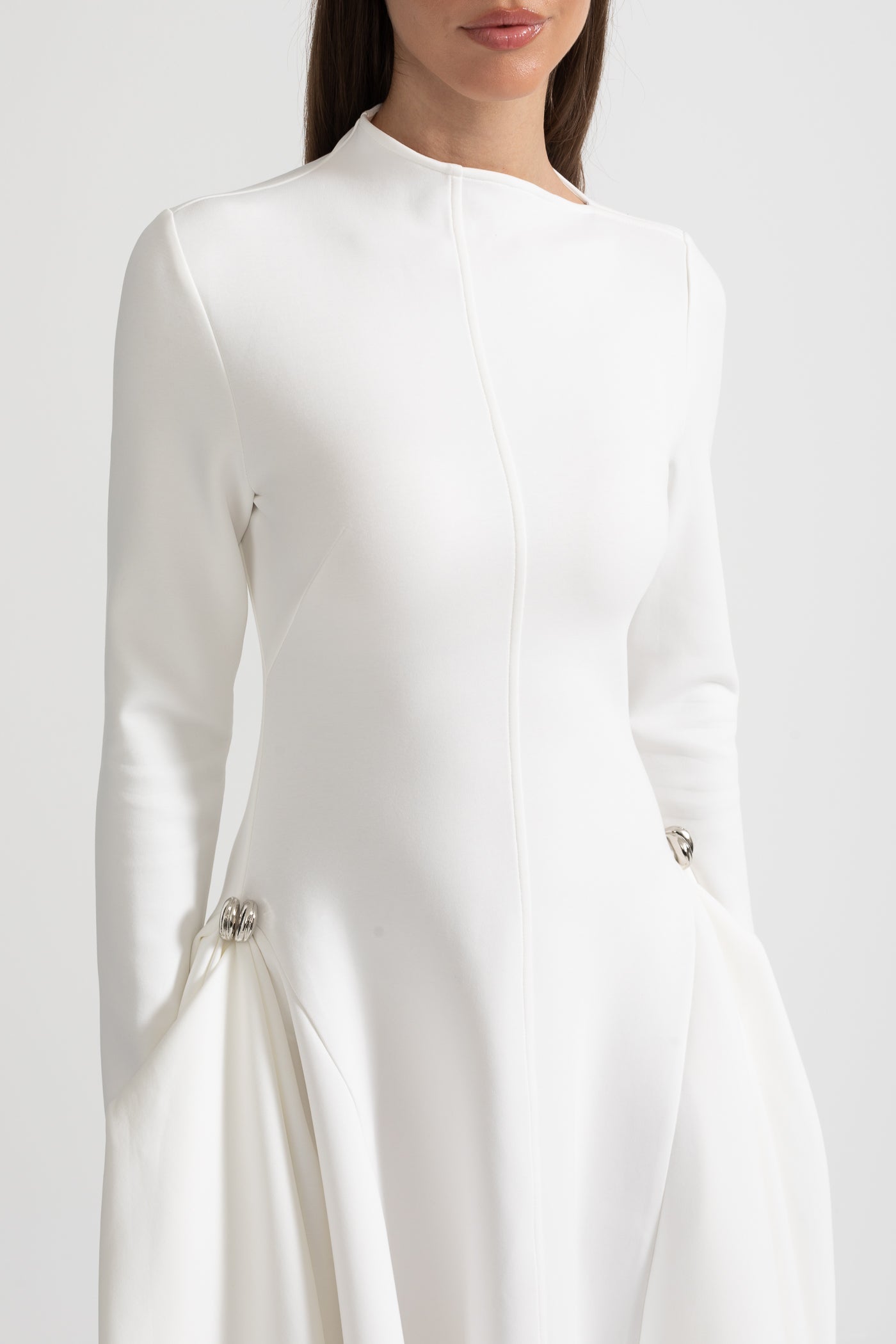 Long-Sleeved Dress With Asymmetrical Hem And Structured Silhouette - White
