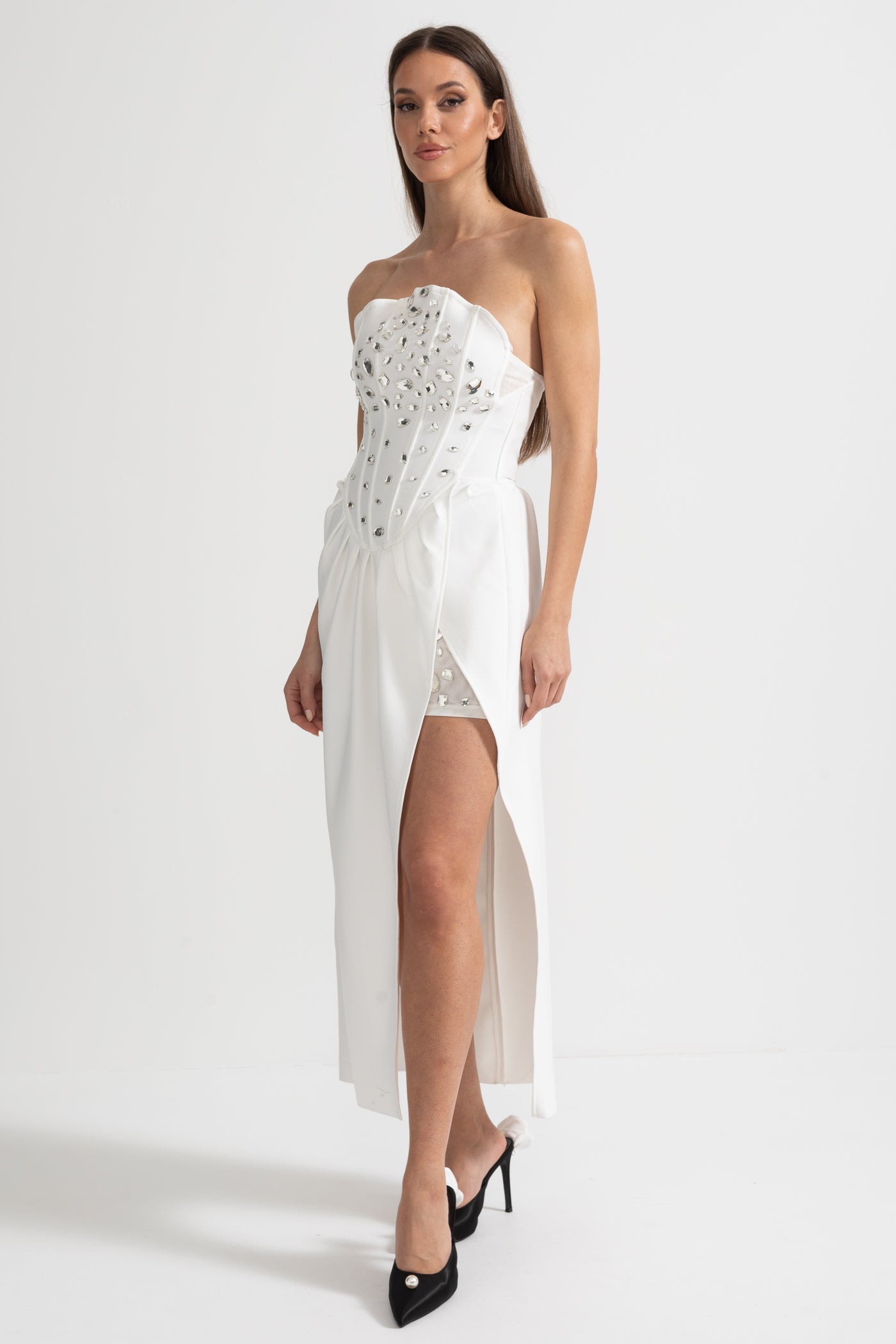 Elegant Satin Gown With Side Slit And Crystal Adornments - White