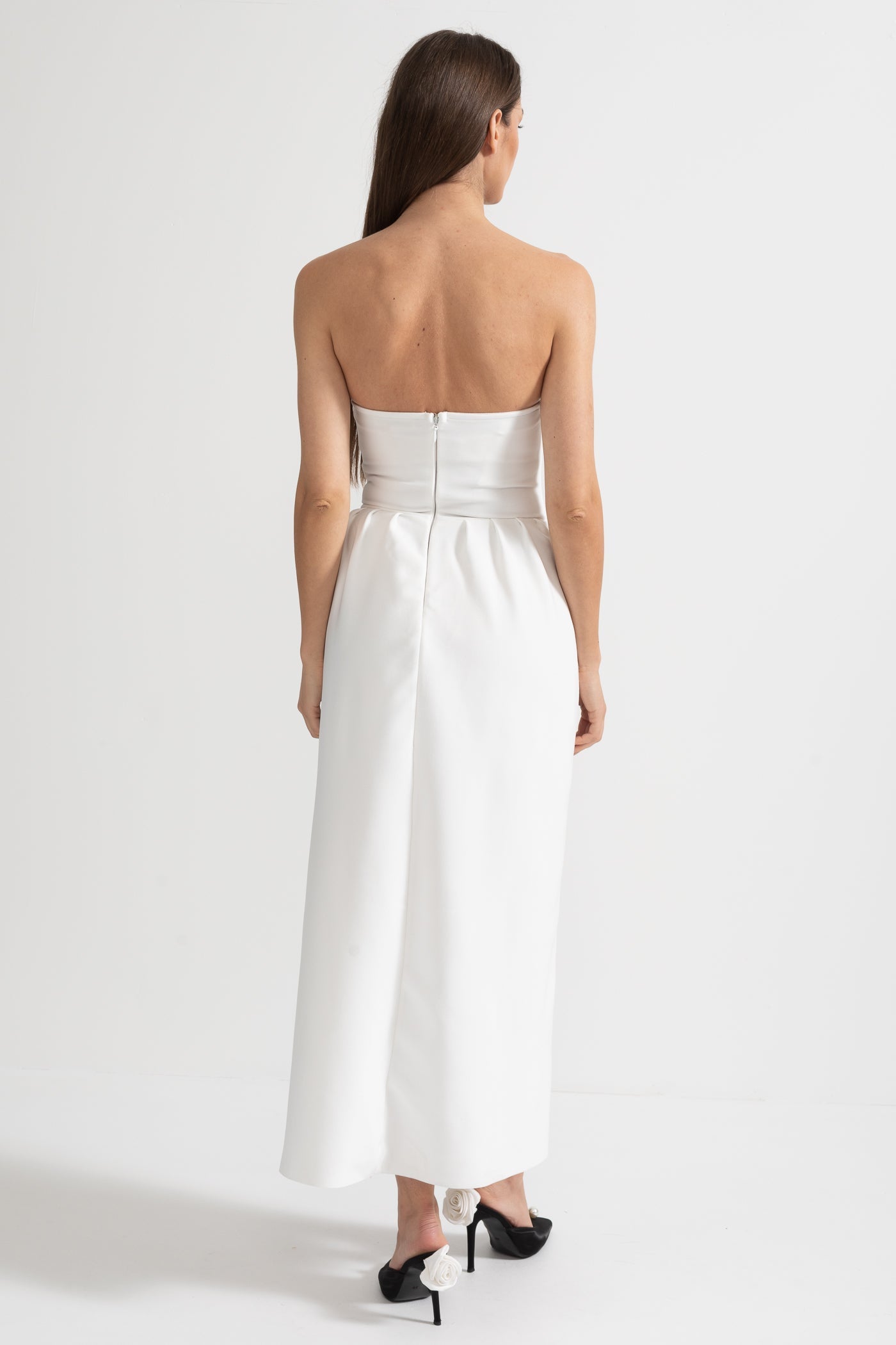 Elegant Satin Gown With Side Slit And Crystal Adornments - White