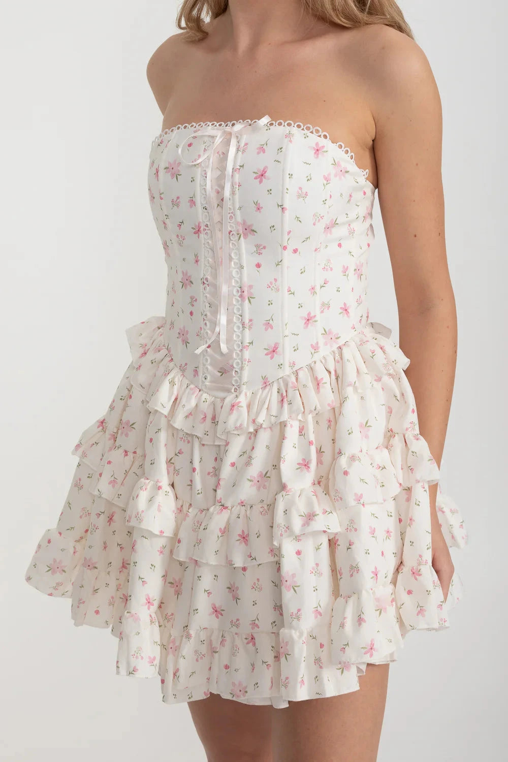 Corset Mini Dress With Ribbon Lacing Detail And Multi-Layered Ruffled Skirt - White/Pink