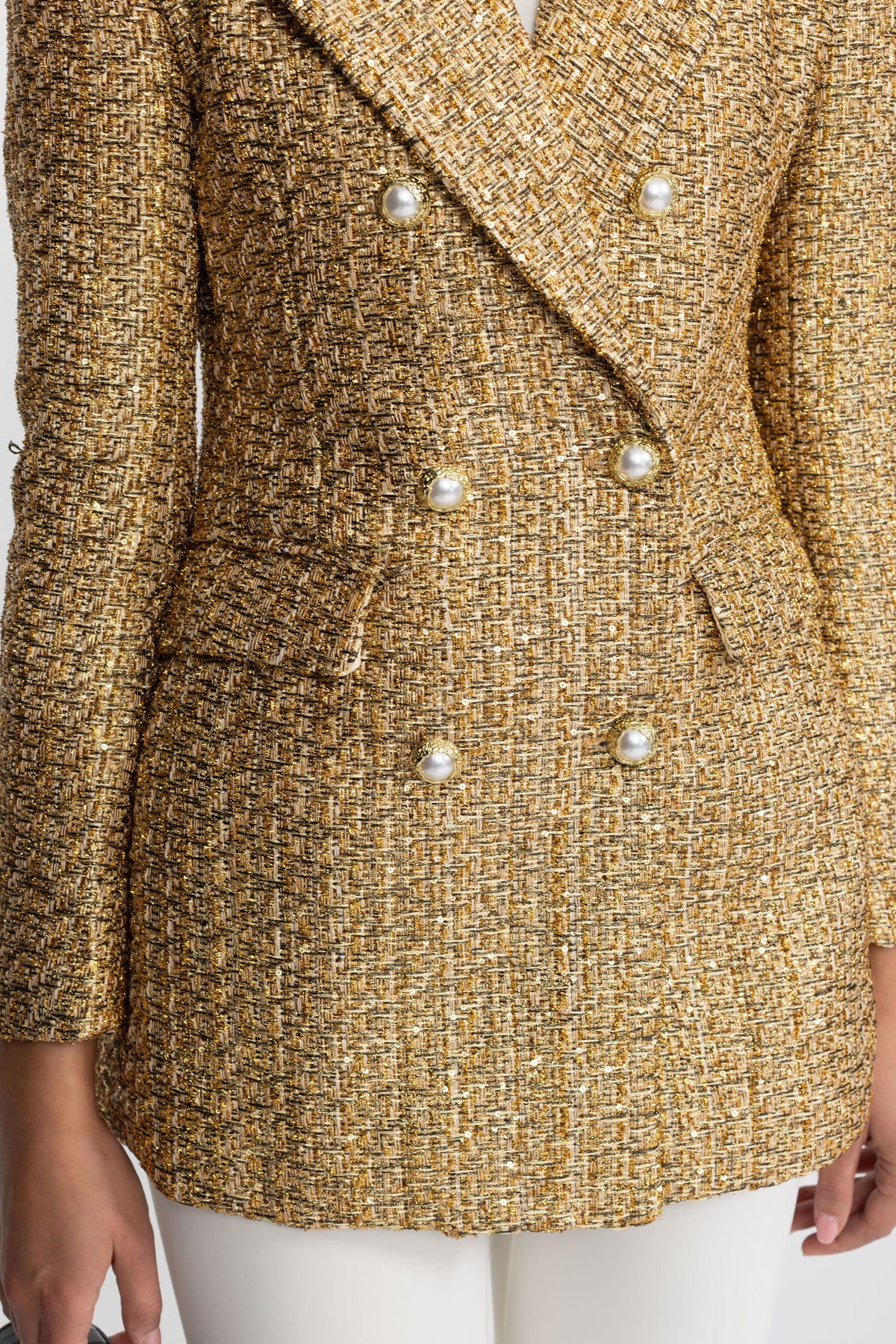 Blazer doppiopetto in tweed metallizzato con bottoni gioiello effetto perla - Oro 