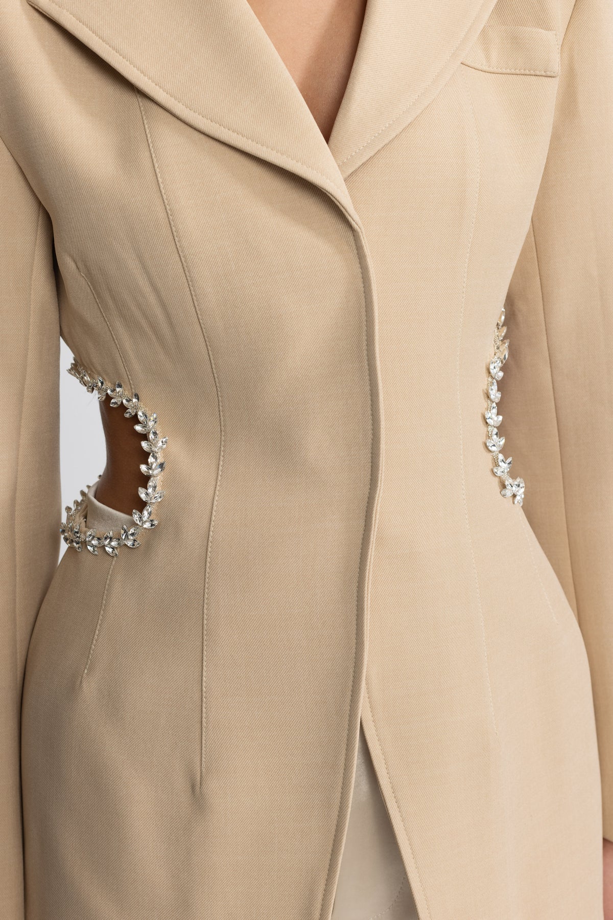 Crystal Trim Cutout Waist Tailored Blazer - Beige
