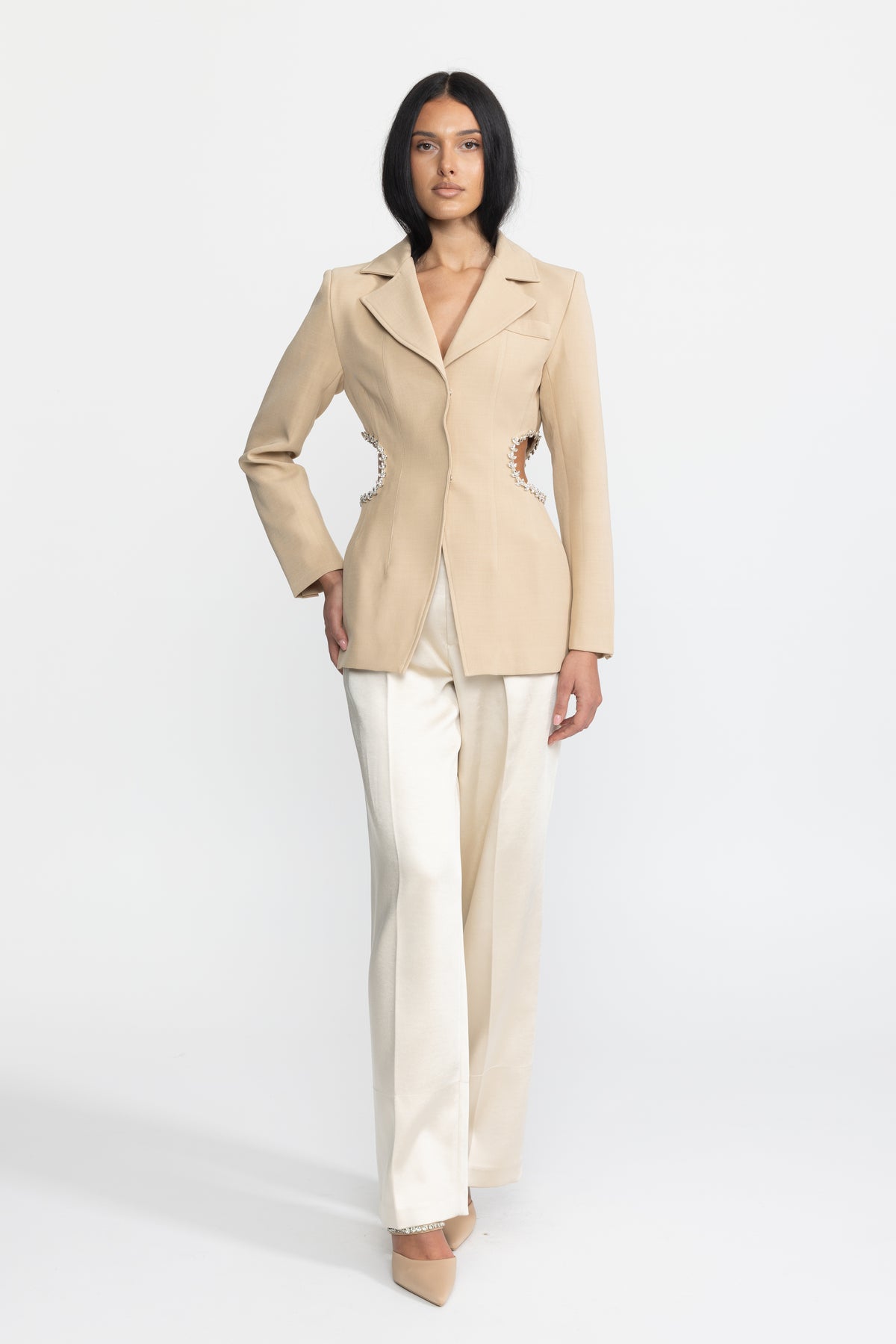 Crystal Trim Cutout Waist Tailored Blazer - Beige