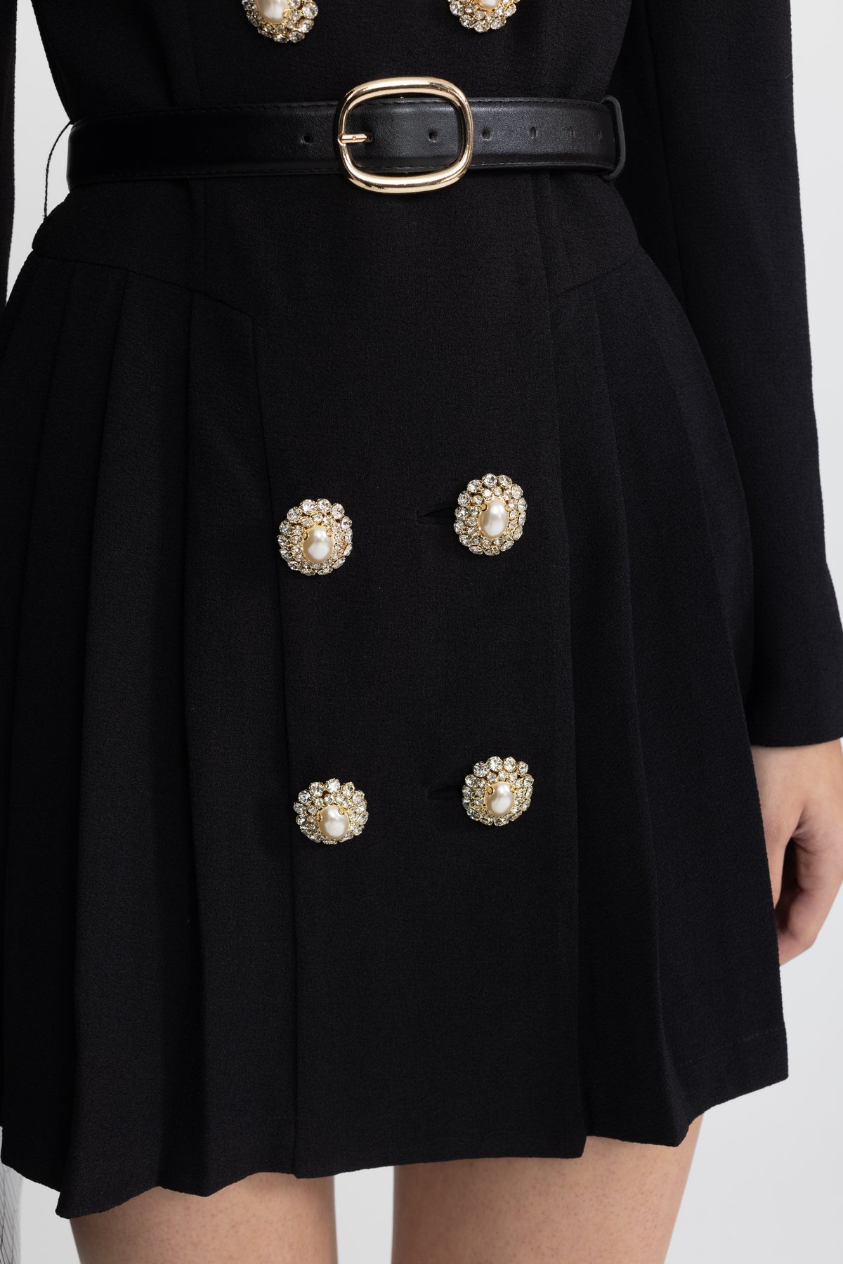 Contrast Lapel Belted Pleated Blazer Mini Dress - Black