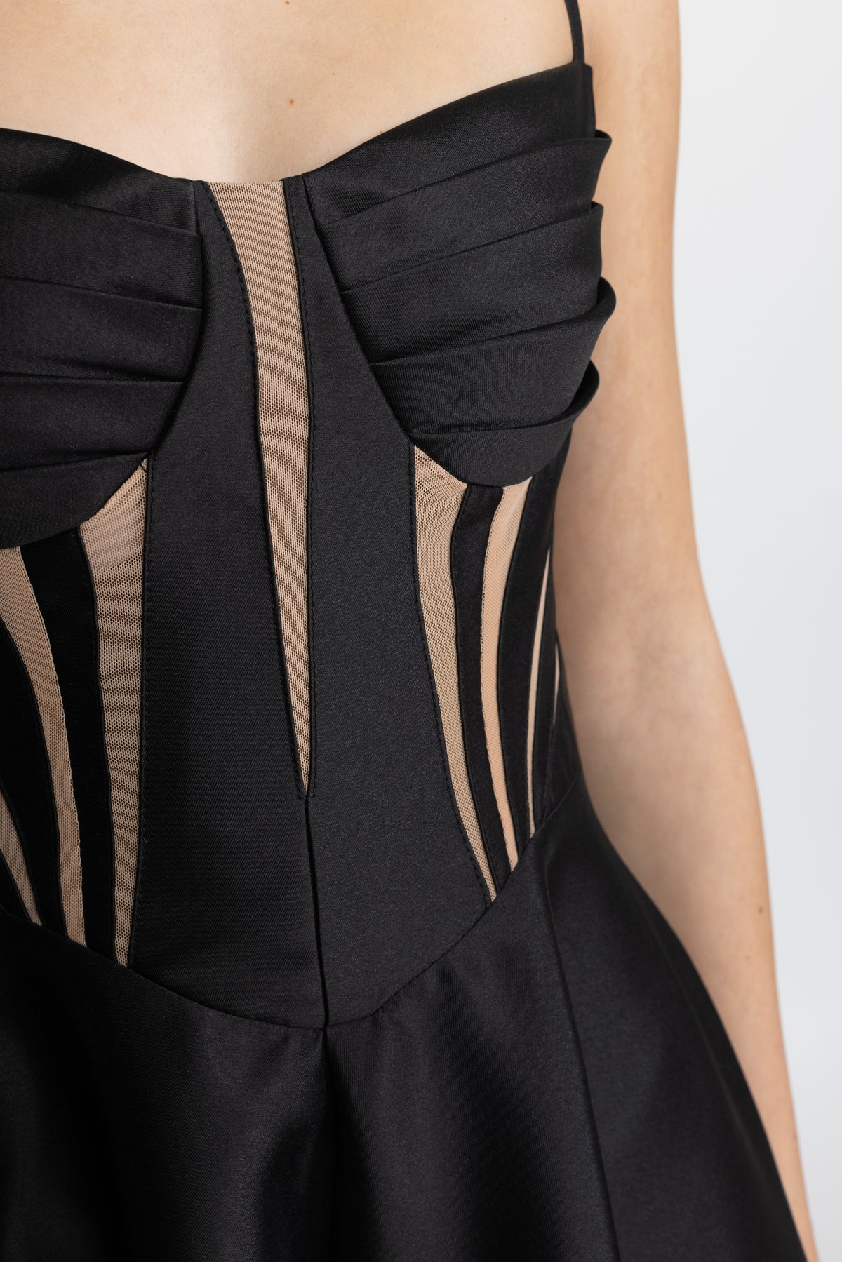 Sheer Panel Satin Corset Midi Dress - Black