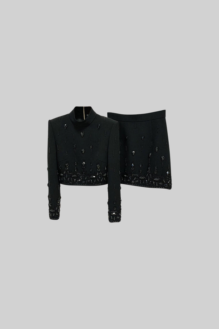 Co-Ord con Diamanti Decorativi e Minigonna - Nero 