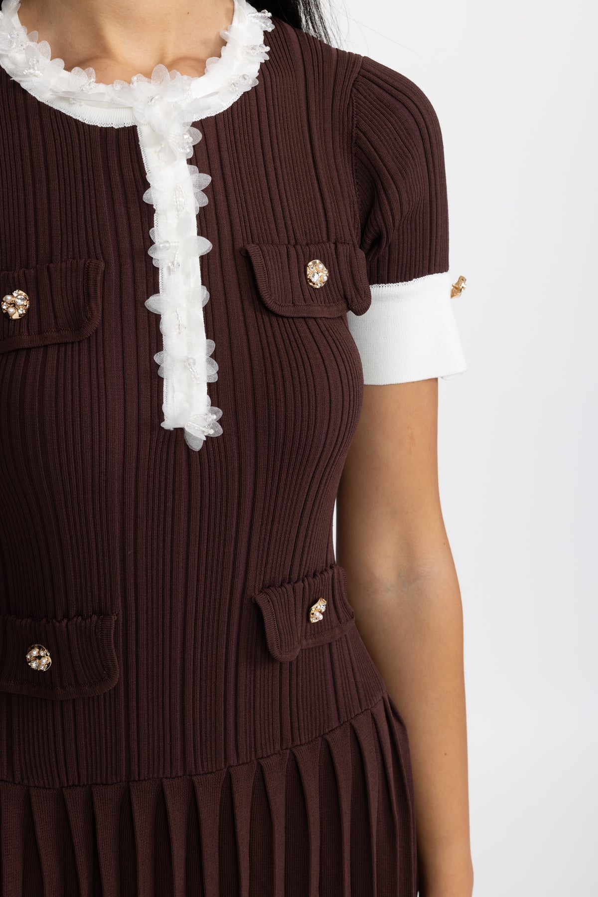 Pleated Knit Ruffle Trim Midi Dress - Chocolate